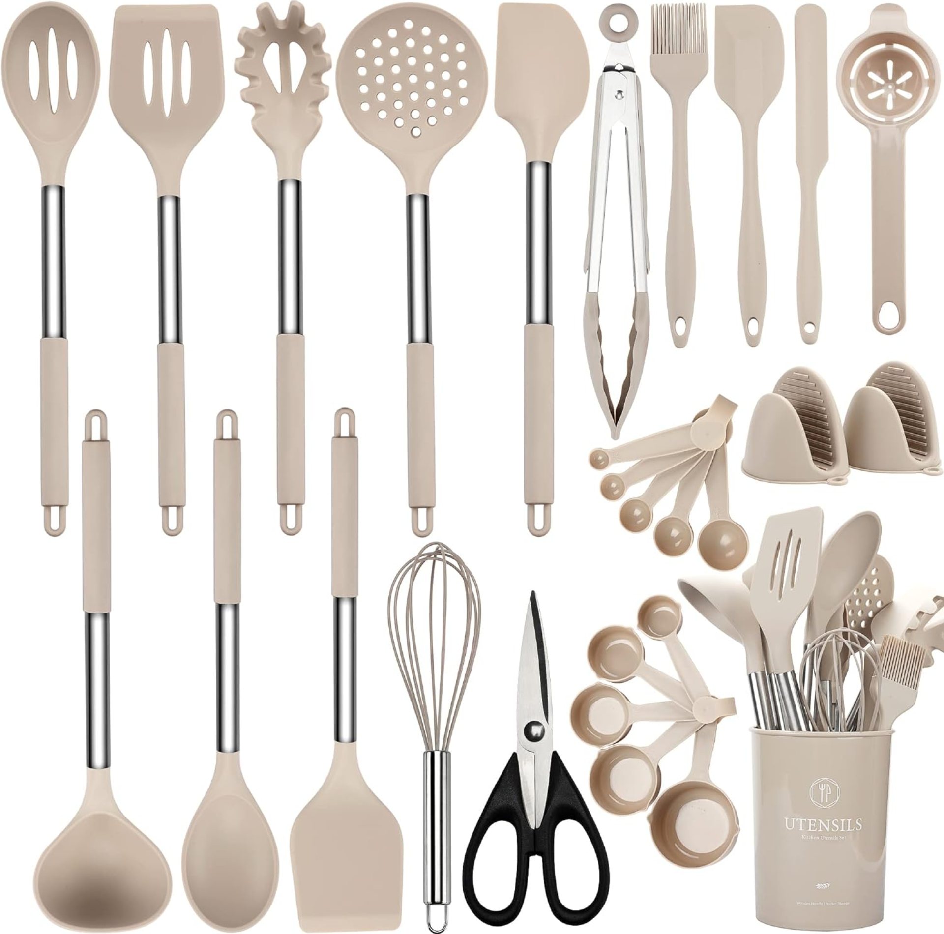 Kitchen Utensils Set, 28 Pcs Silicone Cooking Utensils Set with Holder, Spatula Set, Silicone Whisk, Scissors, Measuring Cups and Spoons Set with Stainless Steel Handle Kitchen Gadgets (Khaki) Kitchen Utensils Set, 28 Pcs Silicone Cooking Utensils Set with Holder, Spatula Set, Silicone Whisk, Scissors, Measuring Cups and Spoons Set with Stainless Steel Handle Kitchen Gadgets (Khaki)