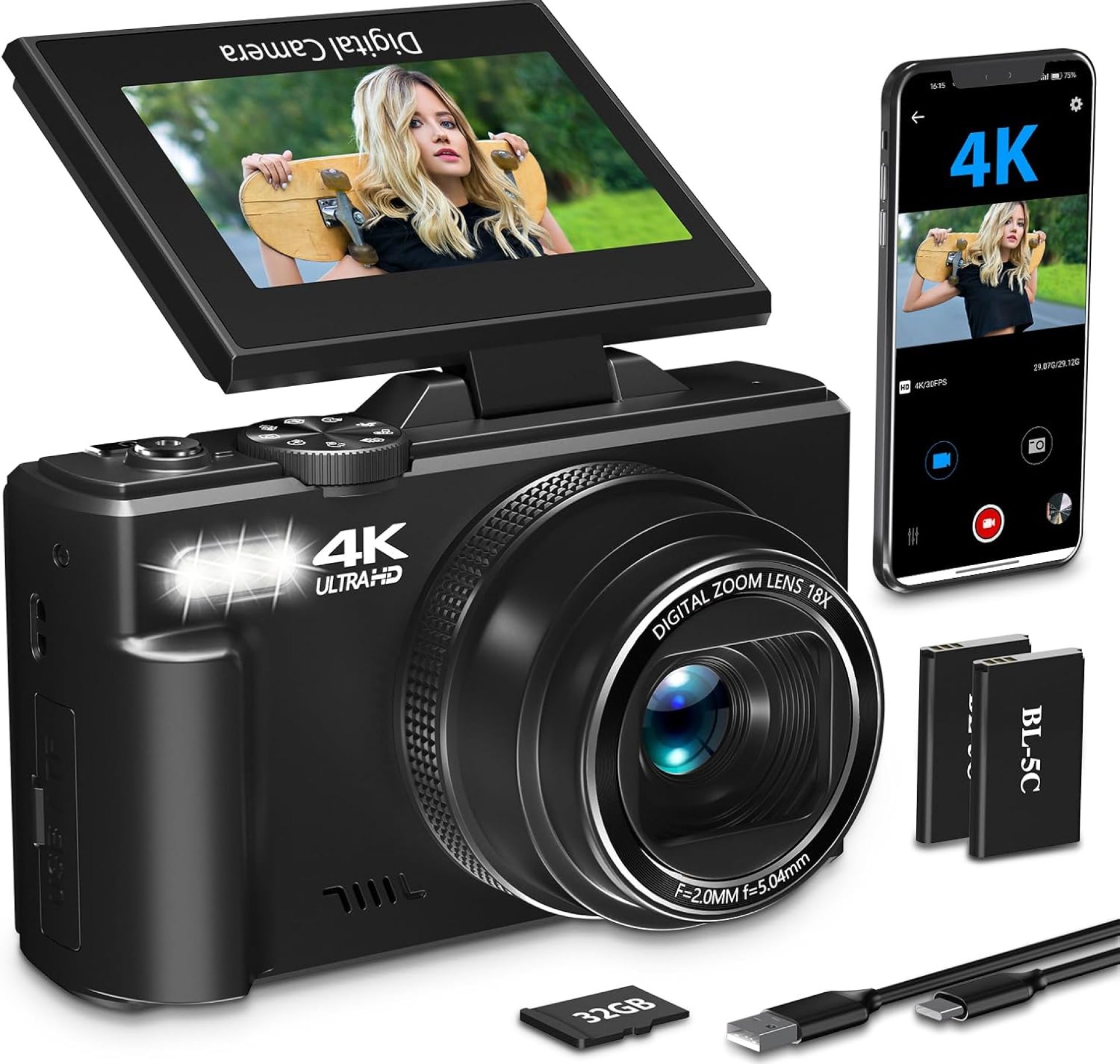 4K Digital Camera for Photography with 3″ 180°Flip Screen,64MP Vlogging Camera for YouTube, HD WiFi Compact Camera with Flash, 18X Digital Zoom, 32GB TF Card & 2 Batteries(Black) 4K Digital Camera for Photography with 3″ 180°Flip Screen,64MP Vlogging Camera for YouTube, HD WiFi Compact Camera with Flash, 18X Digital Zoom, 32GB TF Card & 2 Batteries(Black)