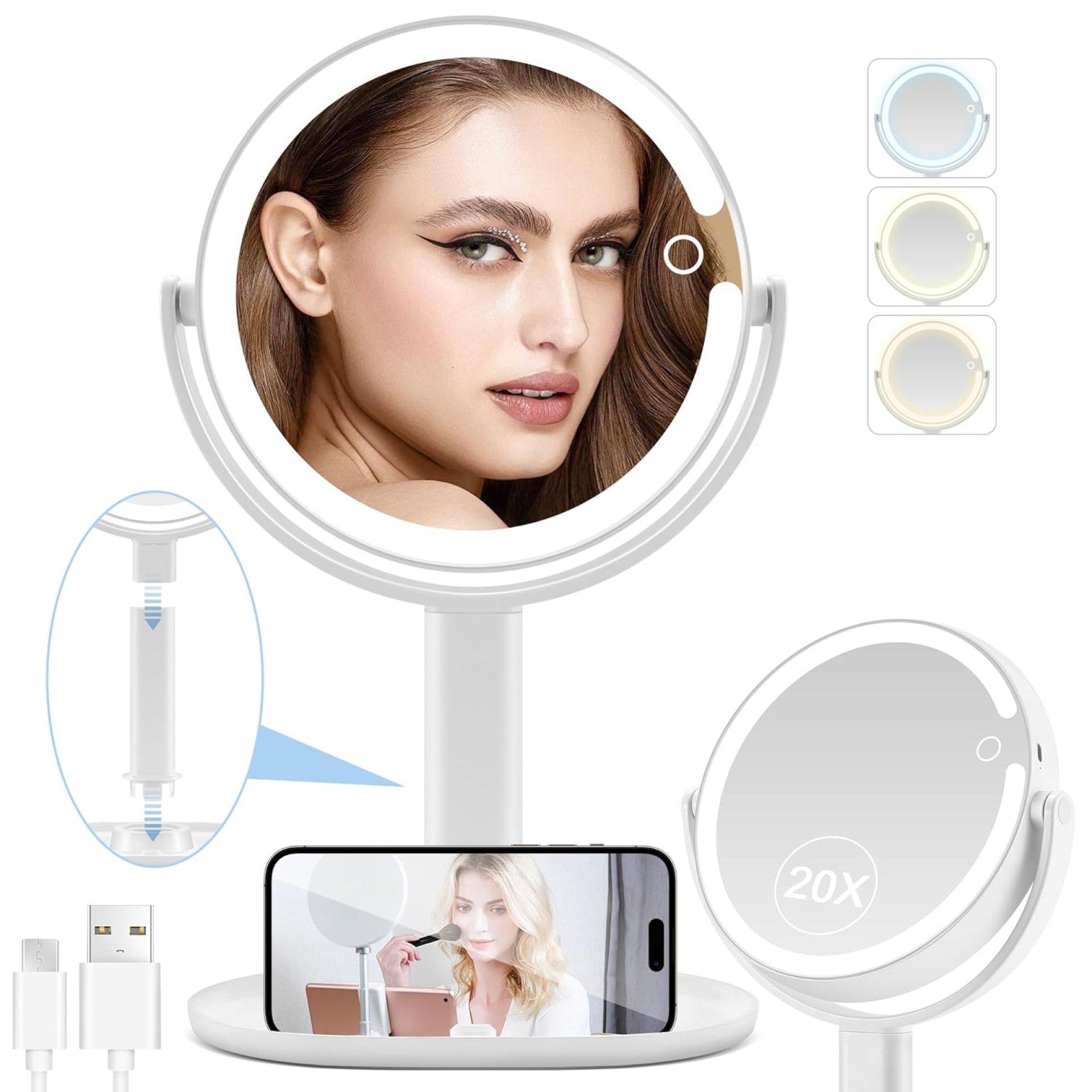 MIYADIVA Lighted Makeup Mirror, Type-C Rechargeable 20X Magnifying Mirror, 2-Sided Vanity Mirror with 3 Adjustable Lighting Modes, Focus on Detailed Makeup, Bathroom, Travel, Gift for Women White MIYADIVA Lighted Makeup Mirror, Type-C Rechargeable 20X Magnifying Mirror, 2-Sided Vanity Mirror with 3 Adjustable Lighting Modes, Focus on Detailed Makeup, Bathroom, Travel, Gift for Women White