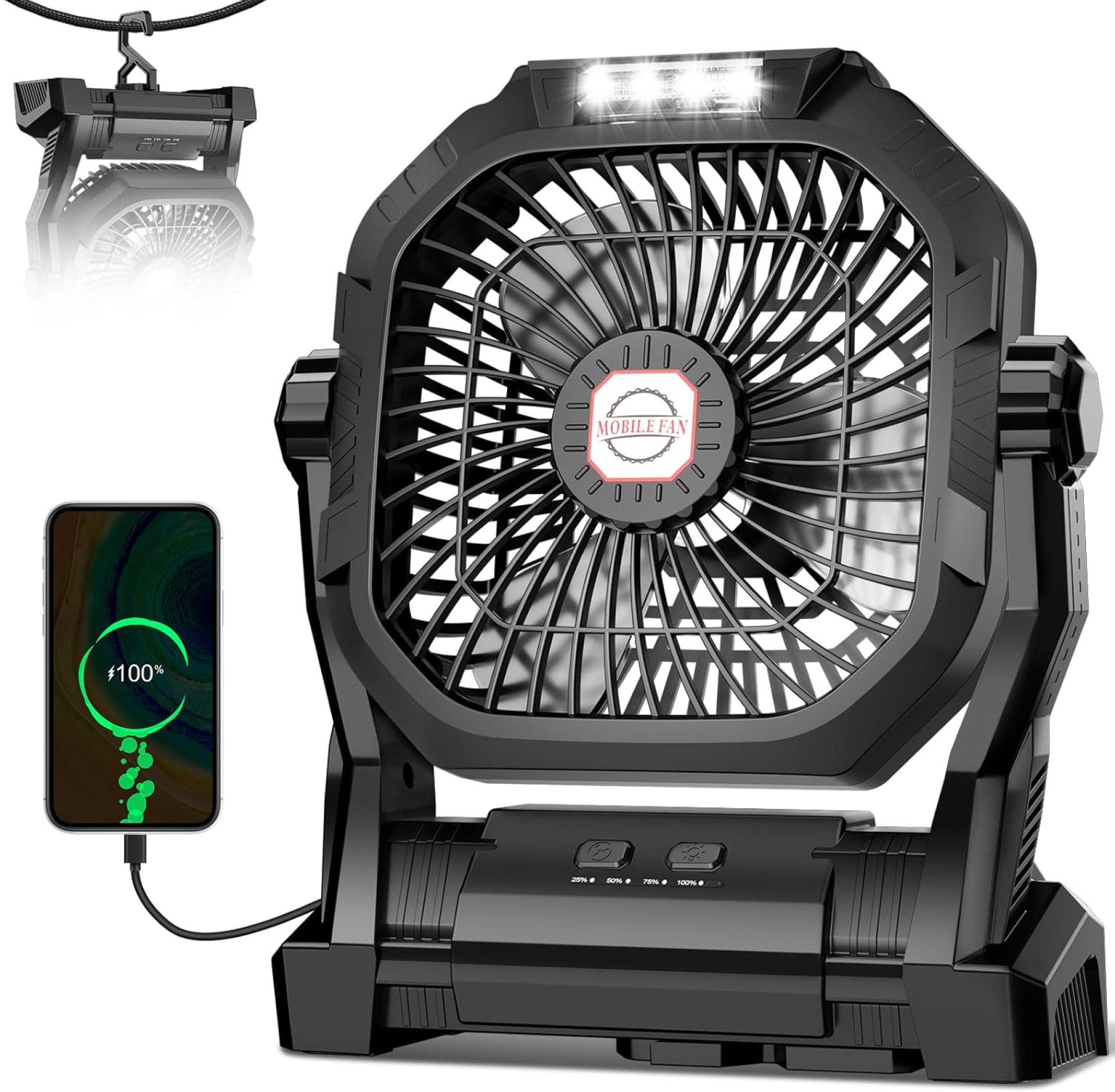 Camping Fan Rechargeable, 20000mAh Battery Powered Portable Fan with LED Light & Hook, 4-Speed 180° Adjustable, Camping Essentials for Tent, Travel, Car, Outdoor, Indoor, BBQ, Fishing, Jobsite Camping Fan Rechargeable, 20000mAh Battery Powered Portable Fan with LED Light & Hook, 4-Speed 180° Adjustable, Camping Essentials for Tent, Travel, Car, Outdoor, Indoor, BBQ, Fishing, Jobsite