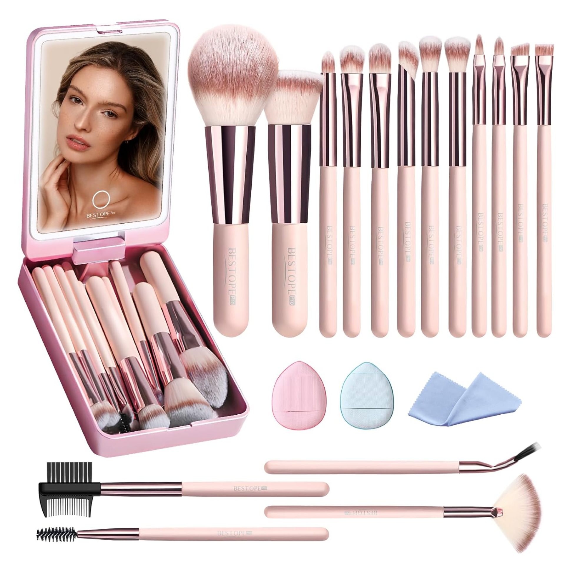 Makeup Brushes with Case, 20PCs Travel Makeup Brush Set, Foundation Concealer Blush Eyeshadow Brush Set Contour Powder Eyebrow Eyelash Brush Kit with Led Light Mirror Holder & 2 Powder Puff-Pink Makeup Brushes with Case, 20PCs Travel Makeup Brush Set, Foundation Concealer Blush Eyeshadow Brush Set Contour Powder Eyebrow Eyelash Brush Kit with Led Light Mirror Holder & 2 Powder Puff-Pink