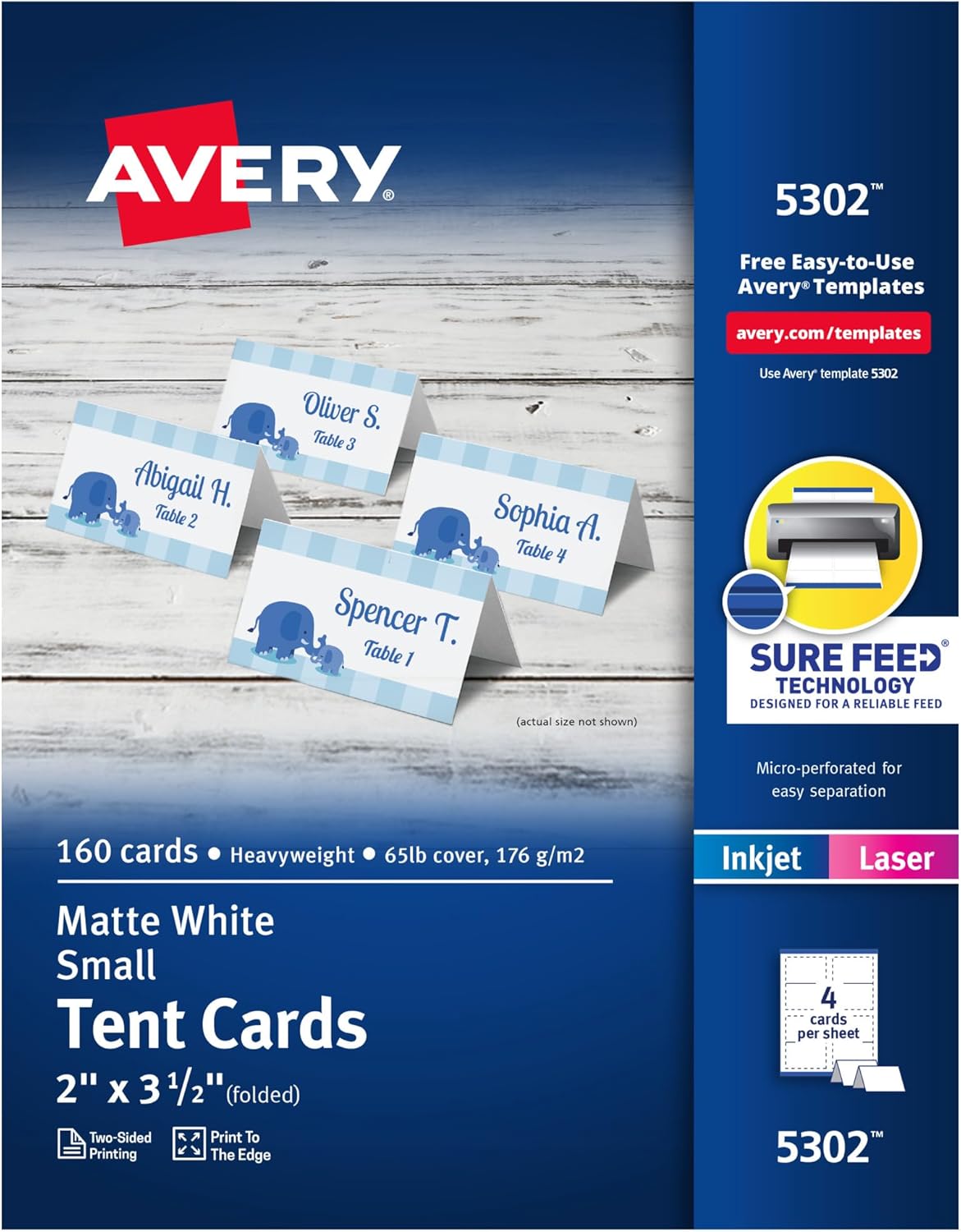 Avery Printable Tent Cards with Sure Feed Technology, 2″ x 3.5″, White, 160 Blank Place Cards for Laser or Inkjet Printers (5302) Avery Printable Tent Cards with Sure Feed Technology, 2″ x 3.5″, White, 160 Blank Place Cards for Laser or Inkjet Printers (5302)