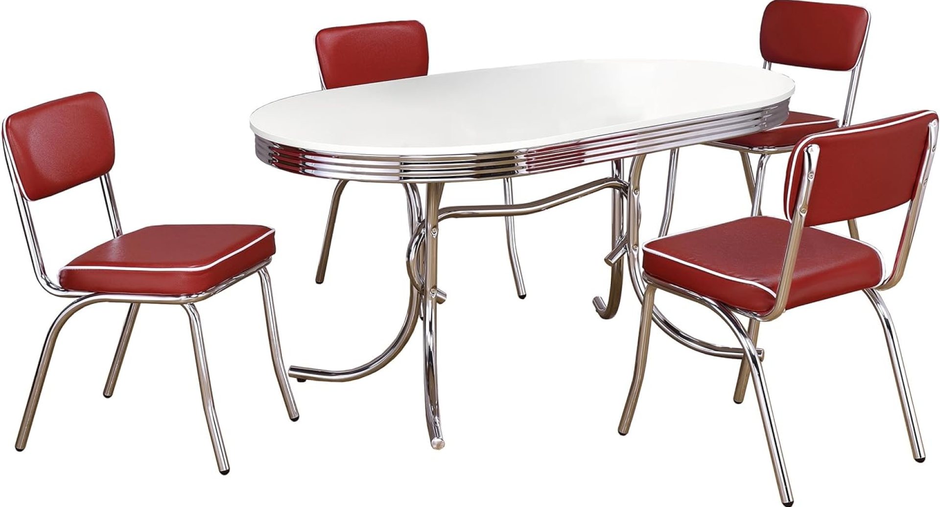 Coaster Home Furnishings Retro 1950s Soda Fountain Diner 5-Piece Dining Room Set Oval Table White Laminate Top Red Faux Leather Upholstered Dining Side Chairs Sturdy Steel Chrome Base 2065-S5R Coaster Home Furnishings Retro 1950s Soda Fountain Diner 5-Piece Dining Room Set Oval Table White Laminate Top Red Faux Leather Upholstered Dining Side Chairs Sturdy Steel Chrome Base 2065-S5R