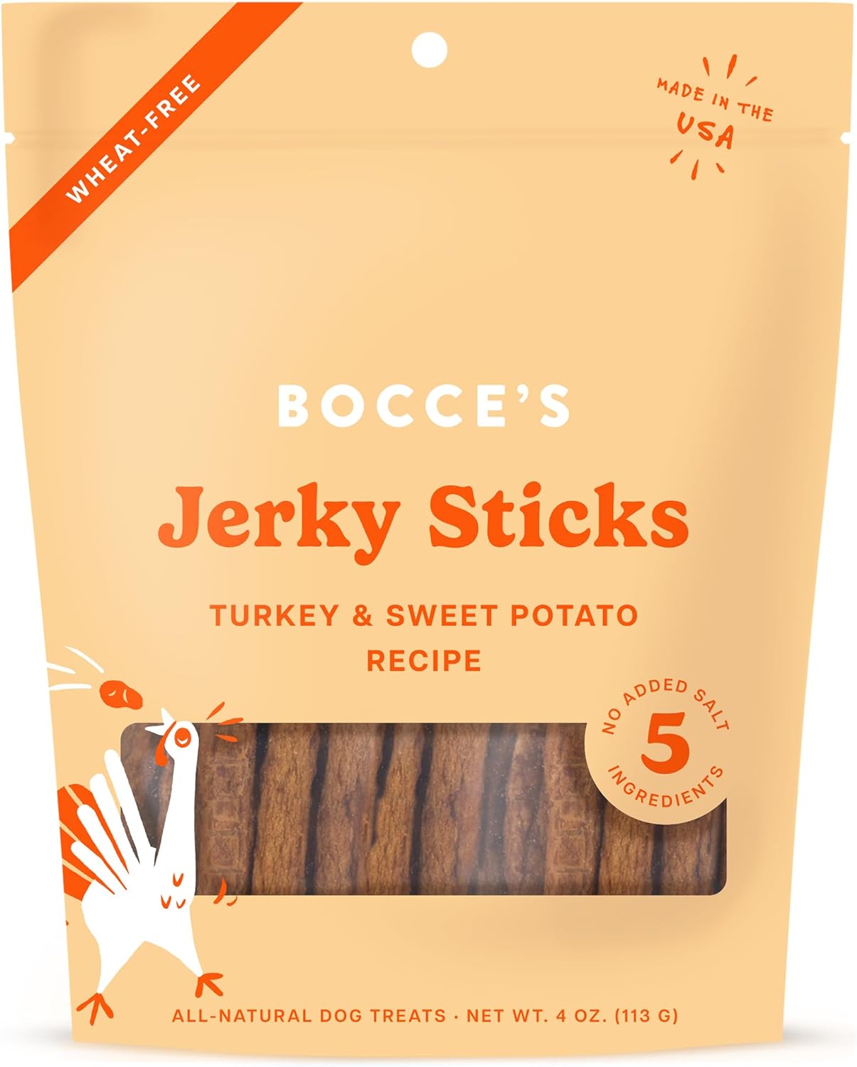 Bocce’s Bakery Jerky Stick Dog Treats, Wheat-Free, Made with Limited-Ingredients, Baked in The USA with No Added Salt or Sugar, All-Naural & High-Protein, Turkey & Sweet Potato, 4 oz Bocce’s Bakery Jerky Stick Dog Treats, Wheat-Free, Made with Limited-Ingredients, Baked in The USA with No Added Salt or Sugar, All-Naural & High-Protein, Turkey & Sweet Potato, 4 oz