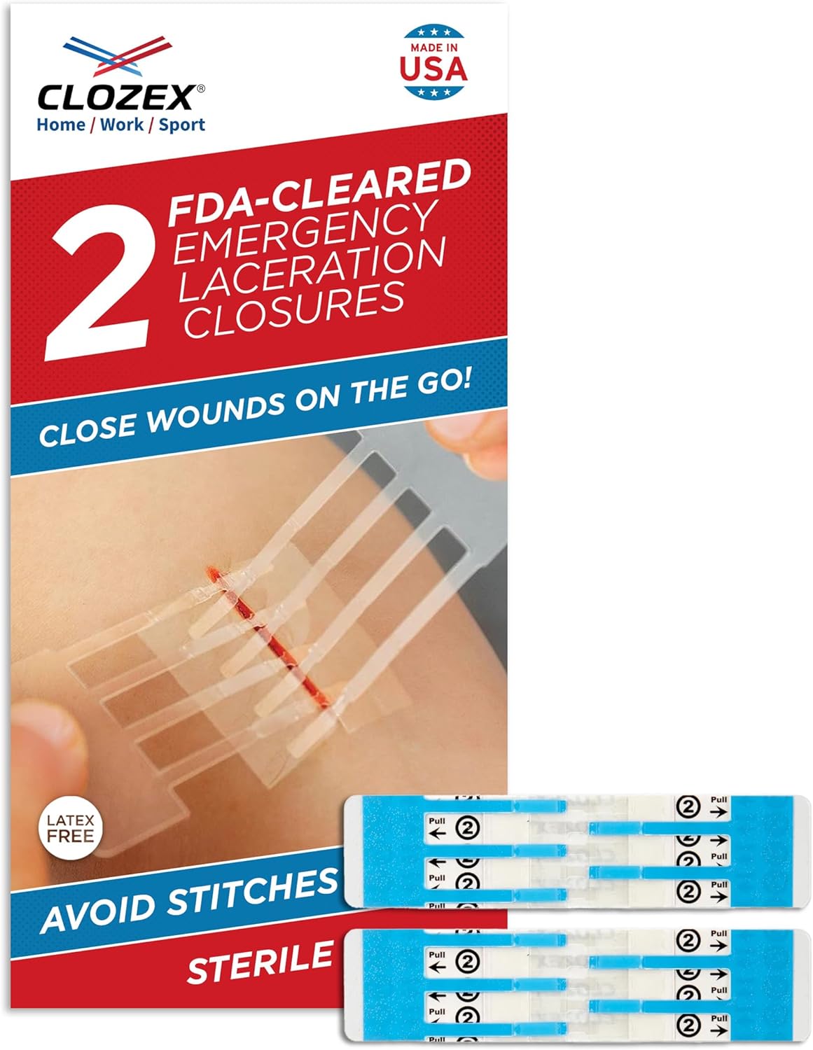 Clozex Emergency Laceration Closures – Repair Wounds Without Stitches, FSA HSA Eligible Skin Closure Device for 2 Individual Wounds Or Combine for Total Length of 2 Inches Clozex Emergency Laceration Closures – Repair Wounds Without Stitches, FSA HSA Eligible Skin Closure Device for 2 Individual Wounds Or Combine for Total Length of 2 Inches