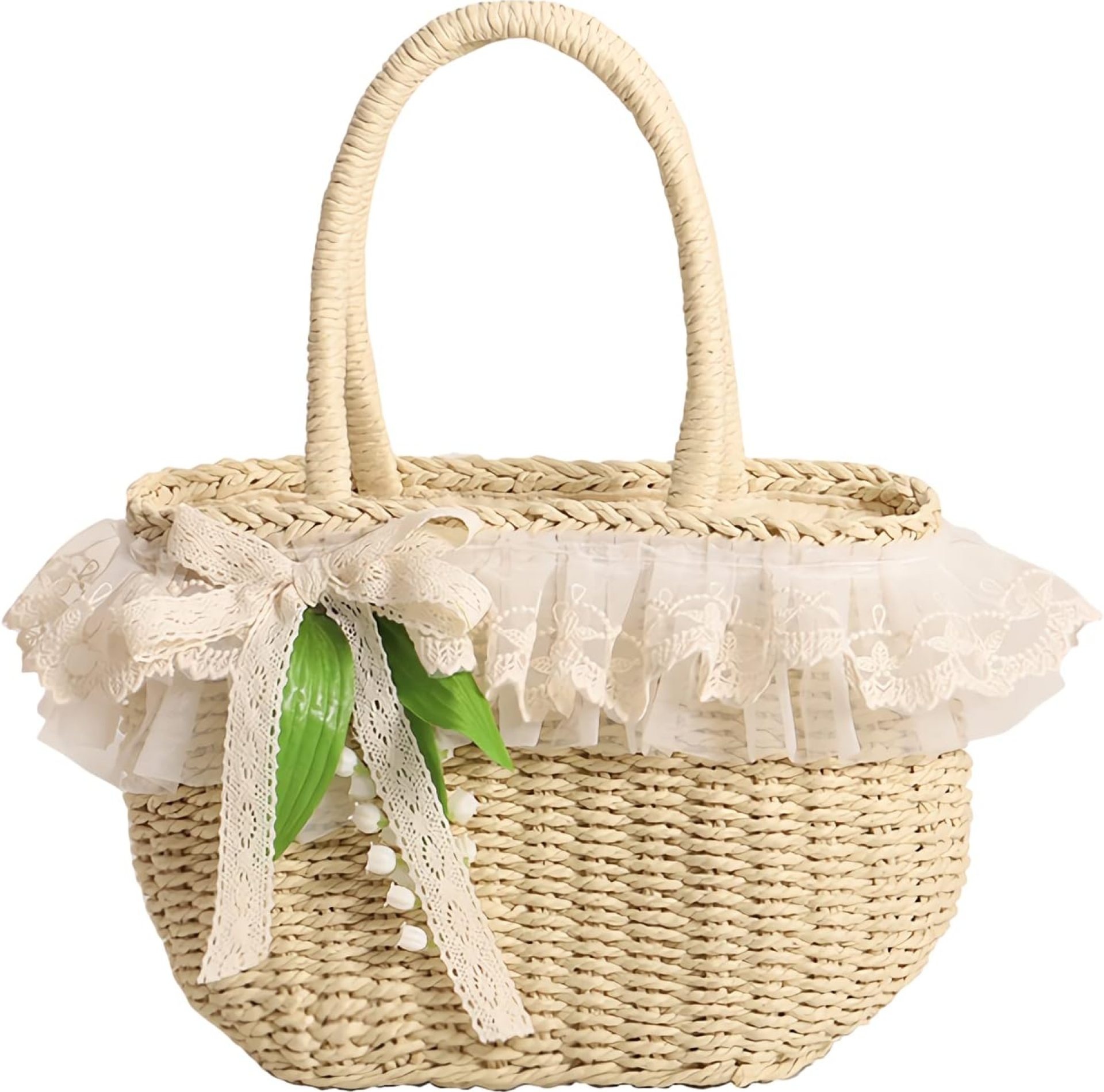 GK-O Mori Girls Handmade Straw Basket Woven Bag Sweet Knit Lolita Lace Summer Rattan Bag GK-O Mori Girls Handmade Straw Basket Woven Bag Sweet Knit Lolita Lace Summer Rattan Bag
