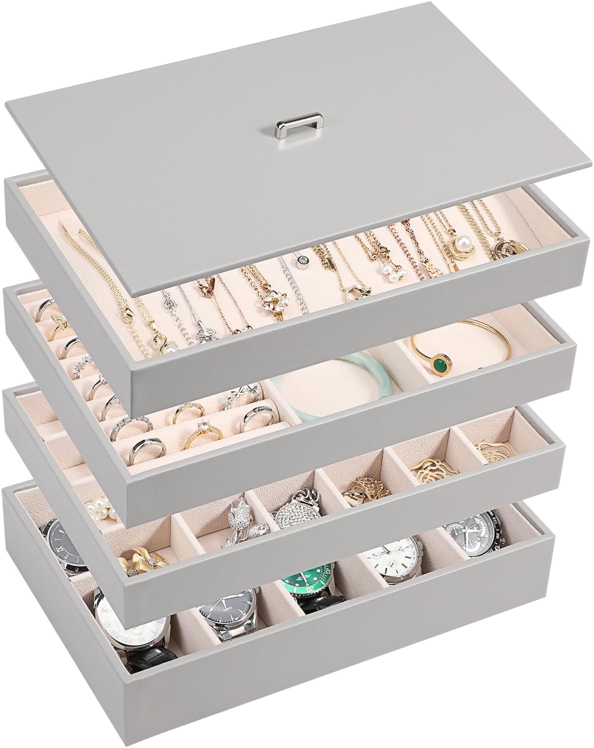Voova Stackable Jewelry Organizer Tray with Lid, PU Leather Jewelry Storage Holder for Drawer Inserts, Jewellery Display Box Case for Earring Necklace Ring Watch Bracelet (Set of 4, Grey) Voova Stackable Jewelry Organizer Tray with Lid, PU Leather Jewelry Storage Holder for Drawer Inserts, Jewellery Display Box Case for Earring Necklace Ring Watch Bracelet (Set of 4, Grey)