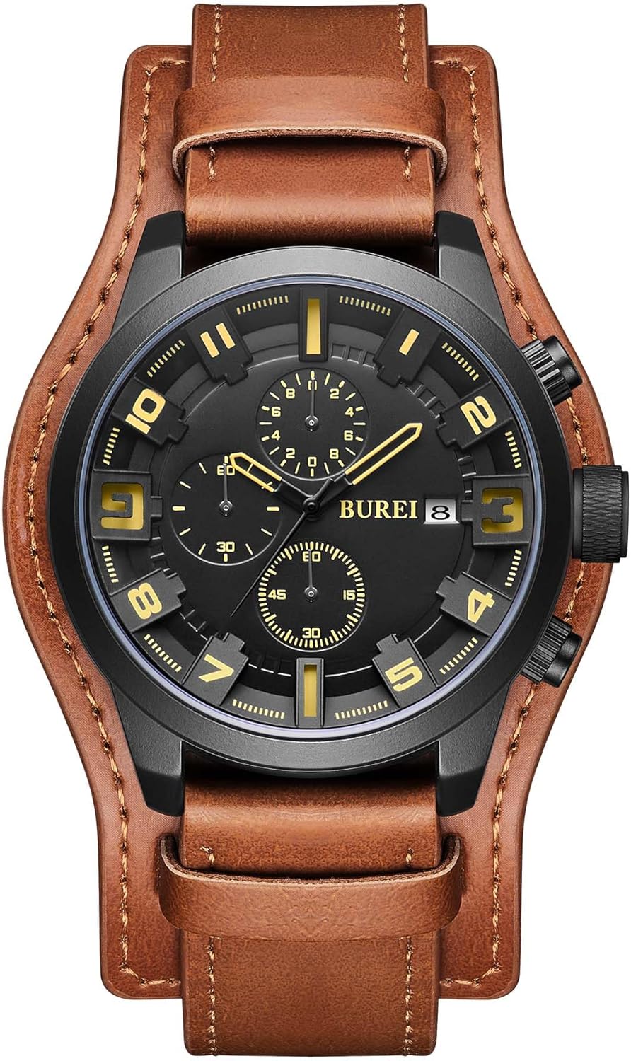 BUREI Men’s Black Leather Multifunction Chronograph Fashion Waterproof Business Casual Analog Quartz Watch BUREI Men’s Black Leather Multifunction Chronograph Fashion Waterproof Business Casual Analog Quartz Watch