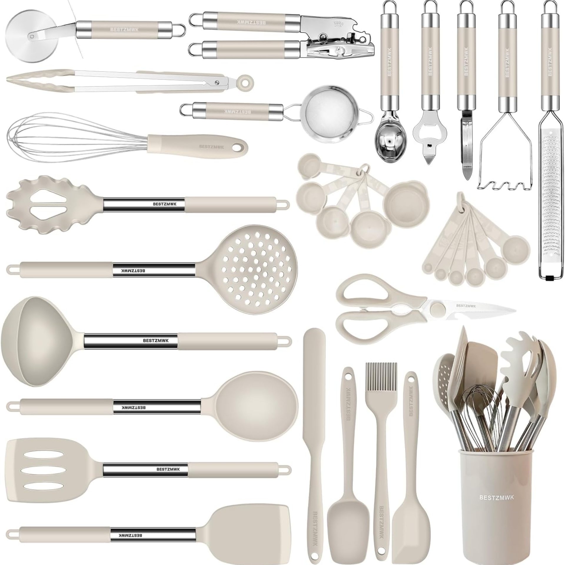 Kitchen Utensils Set-Silicone Cooking Utensils-33pcs Non-Stick Silicone Cooking Kitchen Utensils Spatula Set with Holder-Best Kitchen Cookware with Stainless Steel Handle (Khaki) Kitchen Utensils Set-Silicone Cooking Utensils-33pcs Non-Stick Silicone Cooking Kitchen Utensils Spatula Set with Holder-Best Kitchen Cookware with Stainless Steel Handle (Khaki)