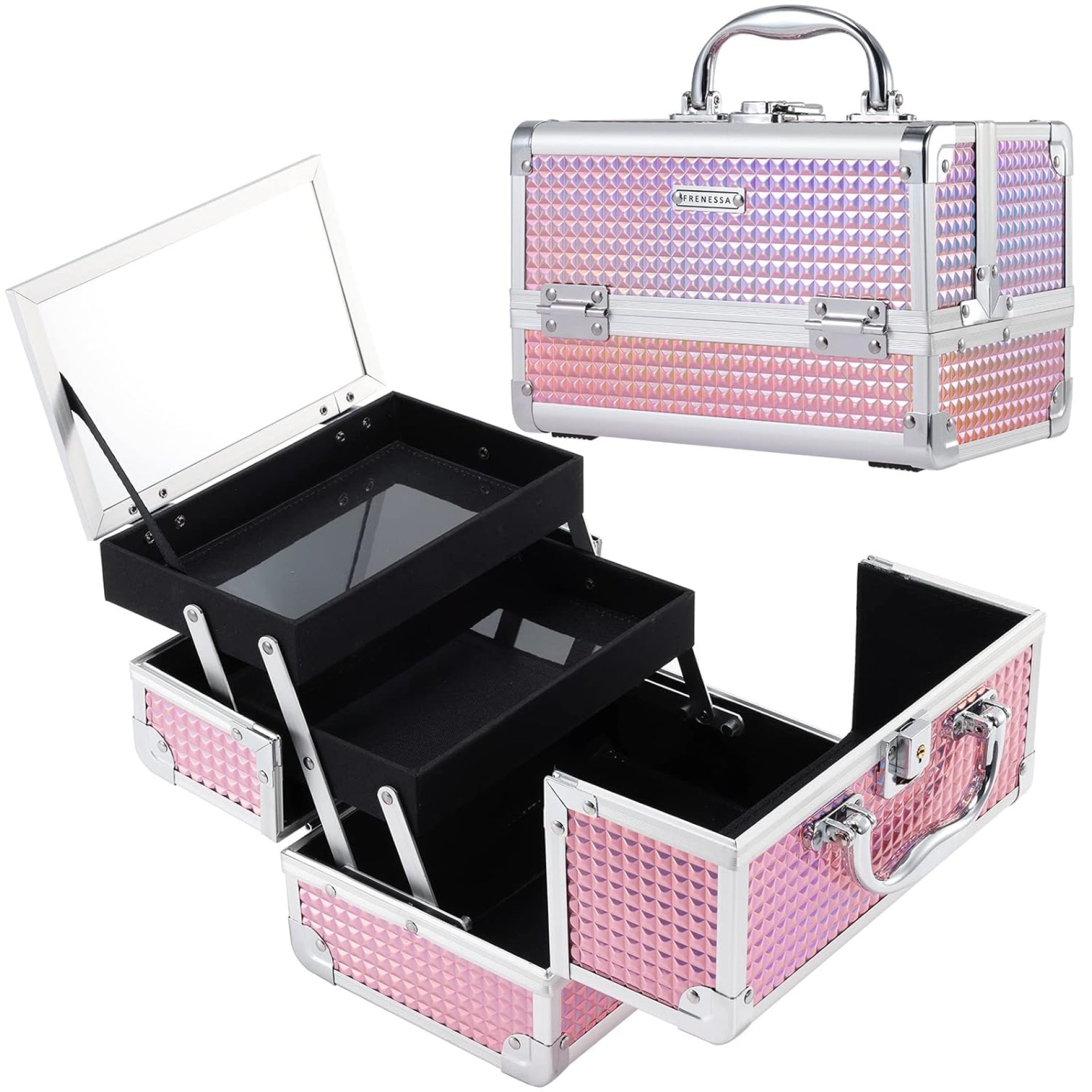 FRENESSA Makeup Train Case – Cosmetic Case Organizer with 2 Trays, Lockable Mirror, Glitter Pink FRENESSA Makeup Train Case – Cosmetic Case Organizer with 2 Trays, Lockable Mirror, Glitter Pink