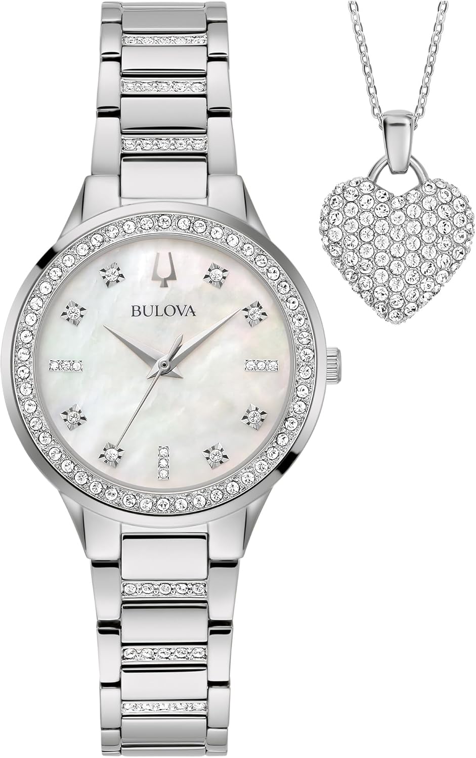 Bulova-Ladies’ Crystal Stainless Steel Box Set with White Mother-of-Pearl Dial 3-Hand Quartz-Watch and Heart Crystal-Pendant-Necklace, 30mm Style: 96X162 Bulova-Ladies’ Crystal Stainless Steel Box Set with White Mother-of-Pearl Dial 3-Hand Quartz-Watch and Heart Crystal-Pendant-Necklace, 30mm Style: 96X162