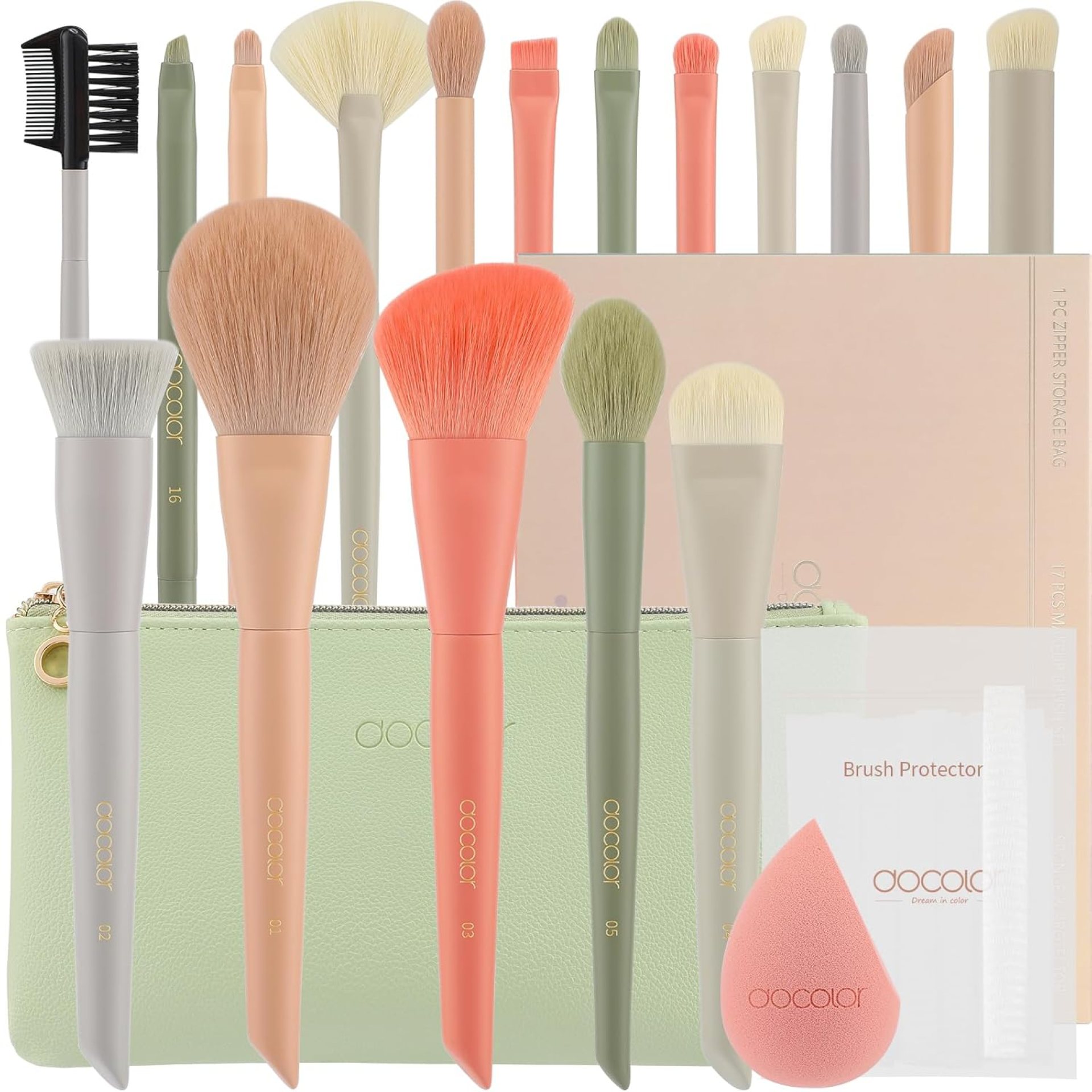 Docolor Makeup Brushes 17 Pcs with Makeup Bag and Makeup Sponge and Brush Protector Morandi Makeup Brush Set Premium Synthetic hair makeup brush Wooden handle eyeshadow brush set Docolor Makeup Brushes 17 Pcs with Makeup Bag and Makeup Sponge and Brush Protector Morandi Makeup Brush Set Premium Synthetic hair makeup brush Wooden handle eyeshadow brush set