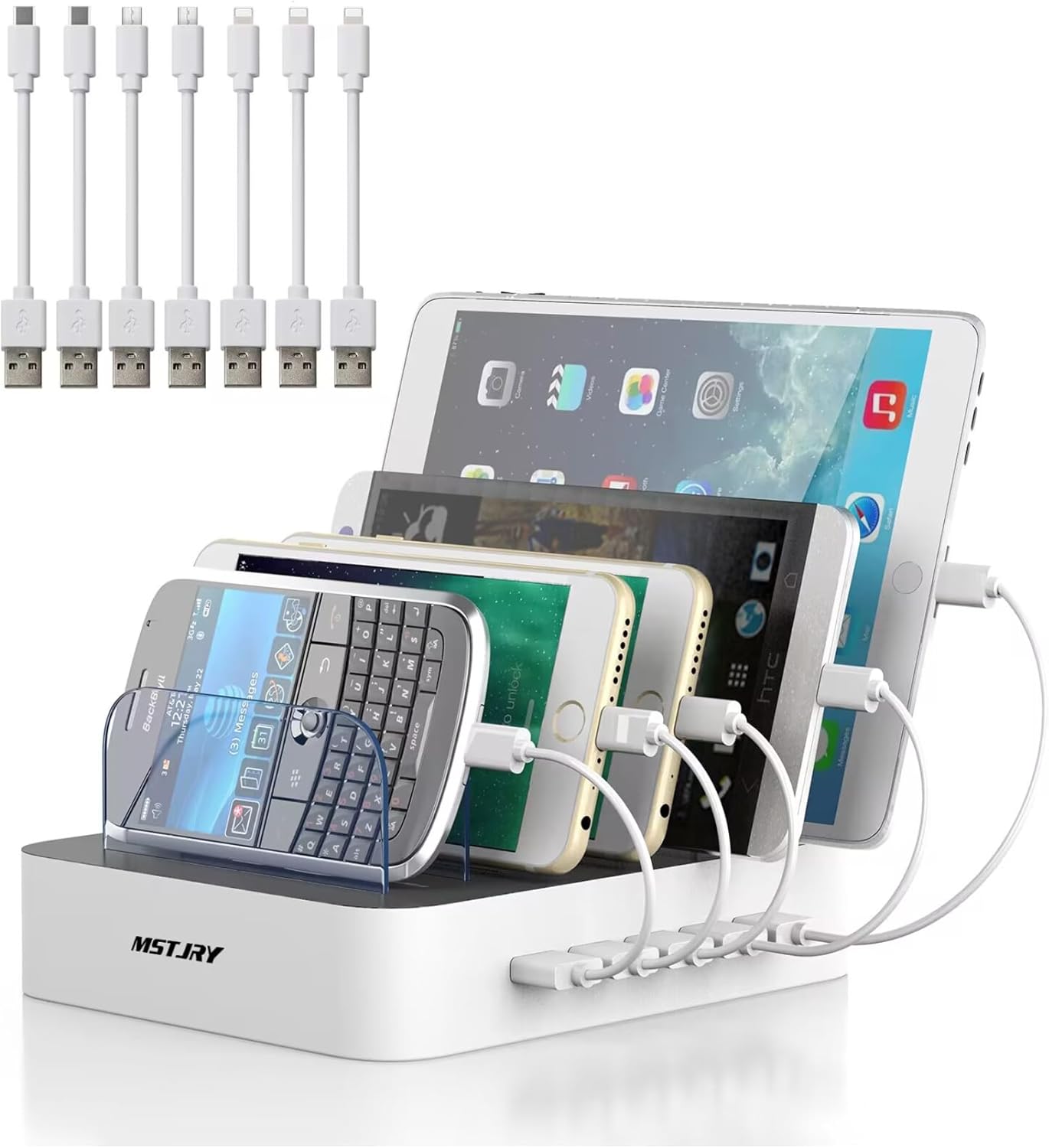 MSTJRY Charging Station for Multiple Devices : 5 Port Multi USB-A Charger Stations Multi-Device Organizer Charging Dock Designed for iPhone iPad Cell Phone Tablets (7 Short Cables Included) MSTJRY Charging Station for Multiple Devices : 5 Port Multi USB-A Charger Stations Multi-Device Organizer Charging Dock Designed for iPhone iPad Cell Phone Tablets (7 Short Cables Included)
