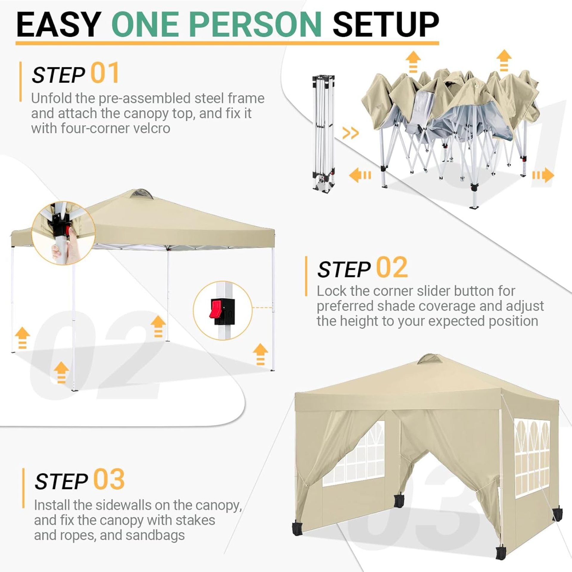 COBIZI 10×10 Pop Up Canopy Tent with 4 Sidewalls, UPF 50+Waterproof Outdoor Canopy with Air Vent, Instant Portable Camping Canopies Gazebo for Commercial Sun Shade Party, 4 Sandbags(Khaki) COBIZI 10×10 Pop Up Canopy Tent with 4 Sidewalls, UPF 50+Waterproof Outdoor Canopy with Air Vent, Instant Portable Camping Canopies Gazebo for Commercial Sun Shade Party, 4 Sandbags(Khaki)