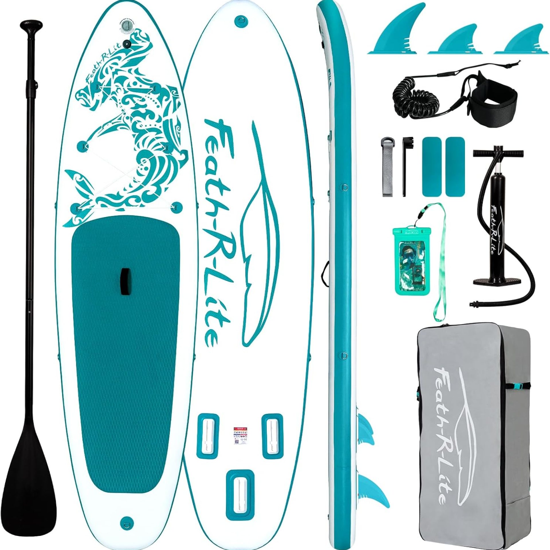 FEATH-R-LITE Inflatable Paddle Board Stand Up Paddleboards for Adults SUP with Premium Accessories Pump, Adjustable Paddle, Leash, Three Fins, Backpack FEATH-R-LITE Inflatable Paddle Board Stand Up Paddleboards for Adults SUP with Premium Accessories Pump, Adjustable Paddle, Leash, Three Fins, Backpack