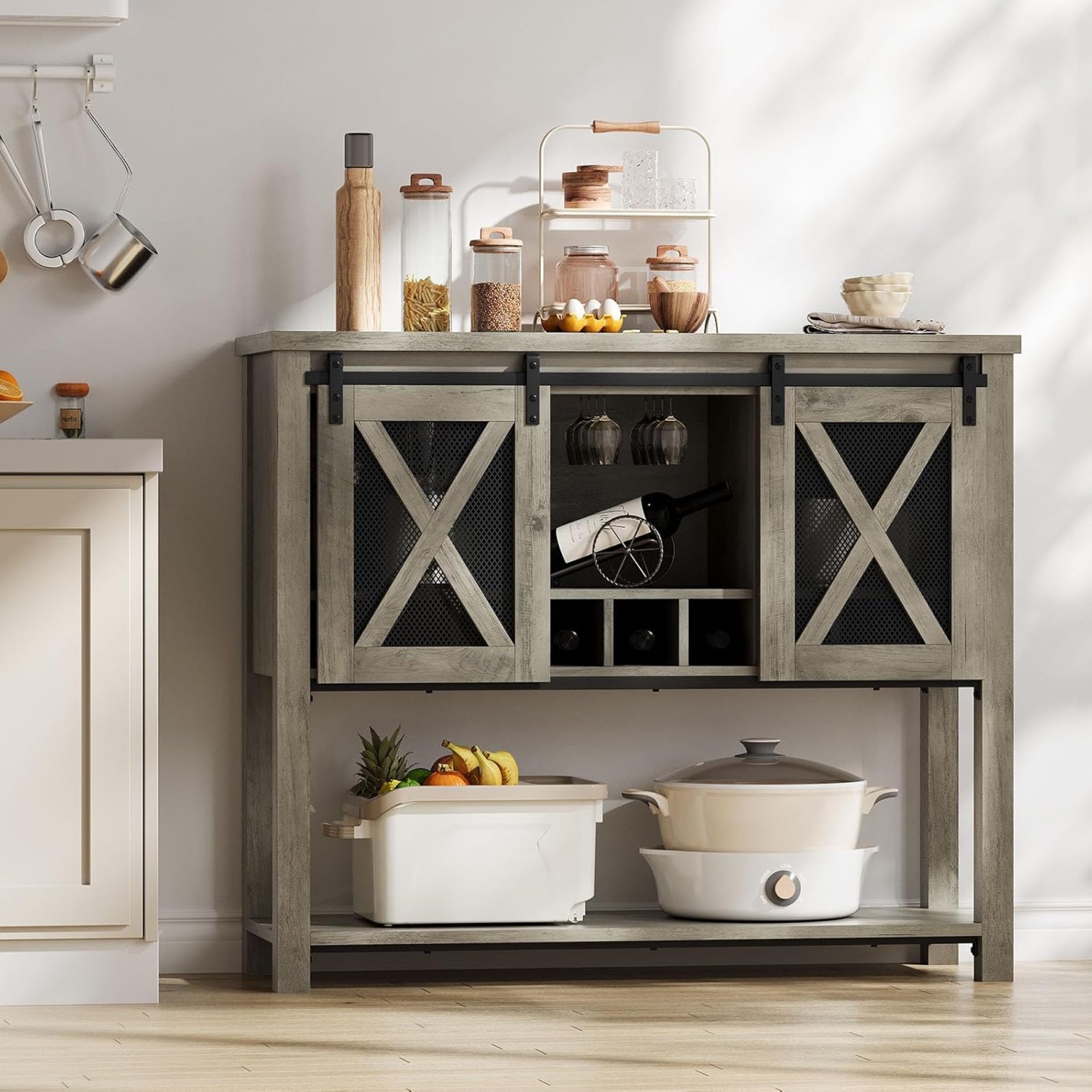CABIHOME Wine Bar Cabinet with Sliding Barn Door, Coffee Cabinet with Wine Rack and Glass Holder, Kitchen Buffet Sideboard with Storage, Liquor Bar for Living Room, Dining Room, Grey CABIHOME Wine Bar Cabinet with Sliding Barn Door, Coffee Cabinet with Wine Rack and Glass Holder, Kitchen Buffet Sideboard with Storage, Liquor Bar for Living Room, Dining Room, Grey