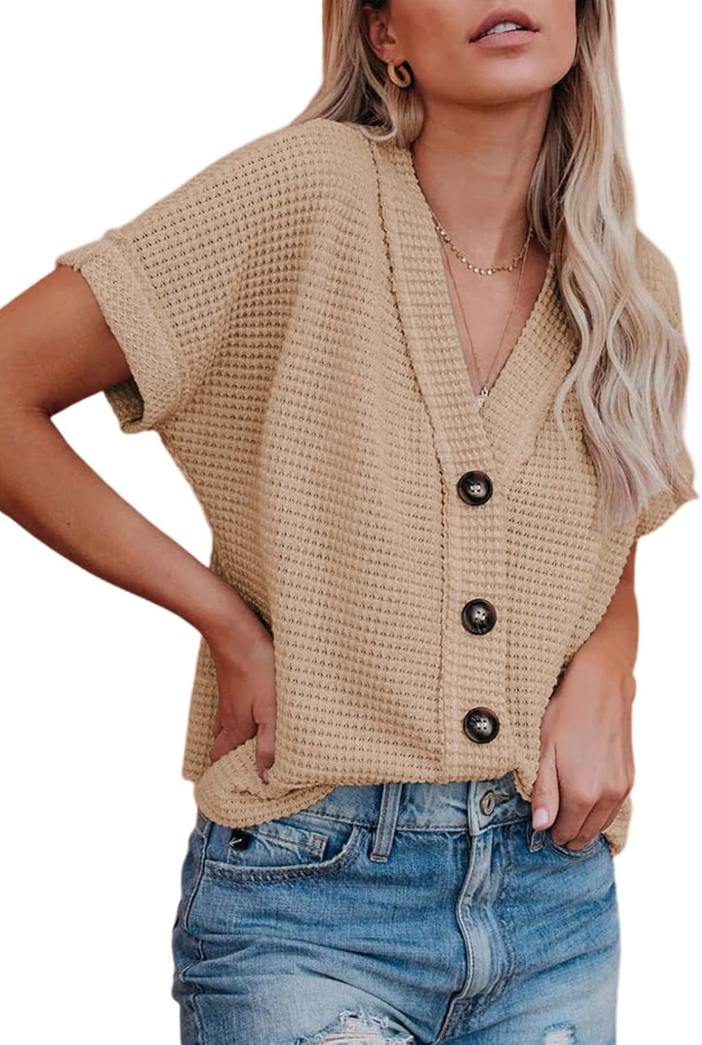 Dokotoo Womens Summer Tops 2025 Waffle Knit Button Down Shirts Casual V Neck Short Sleeve Shacket Jacket Dressy Blouses Dokotoo Womens Summer Tops 2025 Waffle Knit Button Down Shirts Casual V Neck Short Sleeve Shacket Jacket Dressy Blouses