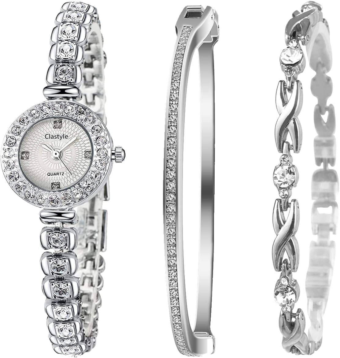 Clastyle Slim Watch and Bracelets Set with 2 Bangles Elegant Rhinestone Bracelet Silver Watch Ladies Wrist Watches Set Gift for Women Clastyle Slim Watch and Bracelets Set with 2 Bangles Elegant Rhinestone Bracelet Silver Watch Ladies Wrist Watches Set Gift for Women