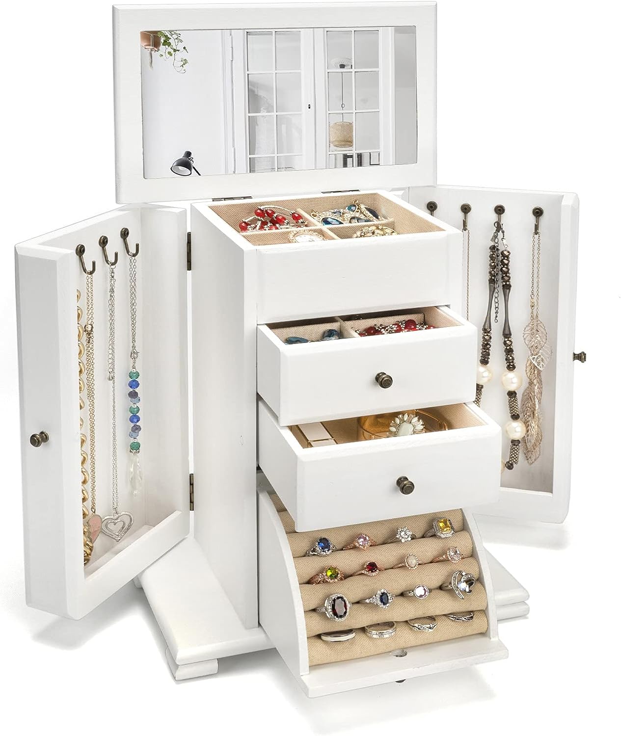 Jewelry Box for Women, Rustic Wooden Jewelry Boxes & Organizers with Mirror, 4 Layer Jewelry Organizer Box Display for Rings Earrings Necklaces Bracelets (Weathered White) Jewelry Box for Women, Rustic Wooden Jewelry Boxes & Organizers with Mirror, 4 Layer Jewelry Organizer Box Display for Rings Earrings Necklaces Bracelets (Weathered White)