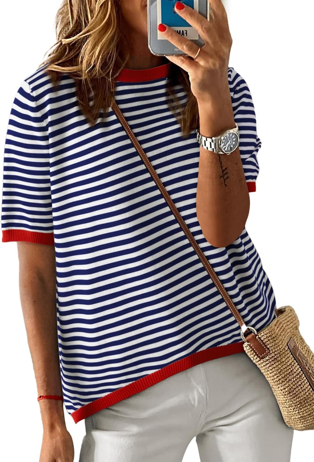 Dokotoo Womens Tops Casual Summer Crewneck Short Sleeve Striped Color Block Knit High Low Trendy Pullover Sweaters Dokotoo Womens Tops Casual Summer Crewneck Short Sleeve Striped Color Block Knit High Low Trendy Pullover Sweaters