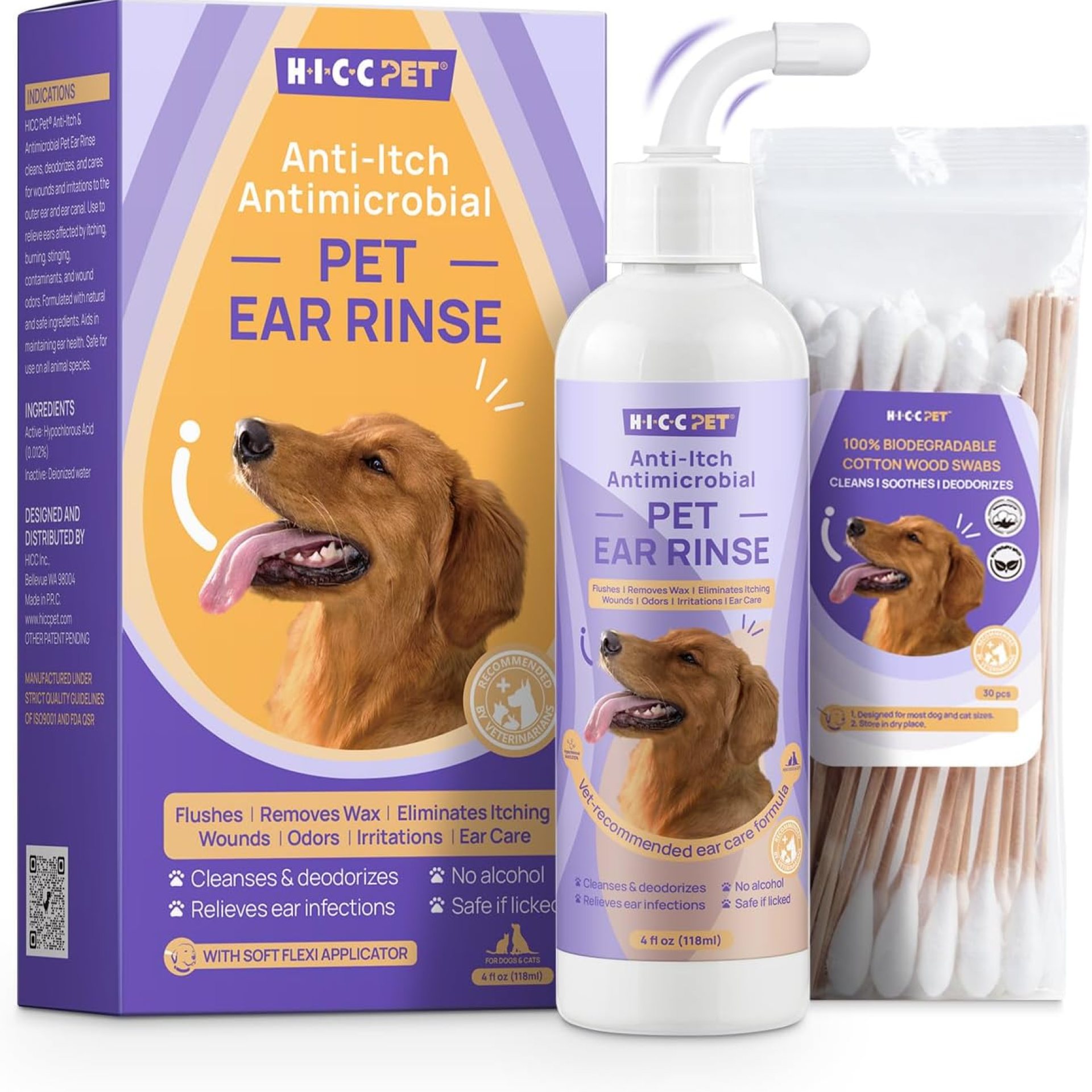 HICC PET Dog Ear Cleaner – Dog Ear Inflammation Therapy with 0.012% Hypochlorous Acid for Itch Relief, Soothe Ear Inflammation, Removes Wax, Odor, with 30 Cotton Swabs, 4 Fl oz HICC PET Dog Ear Cleaner – Dog Ear Inflammation Therapy with 0.012% Hypochlorous Acid for Itch Relief, Soothe Ear Inflammation, Removes Wax, Odor, with 30 Cotton Swabs, 4 Fl oz