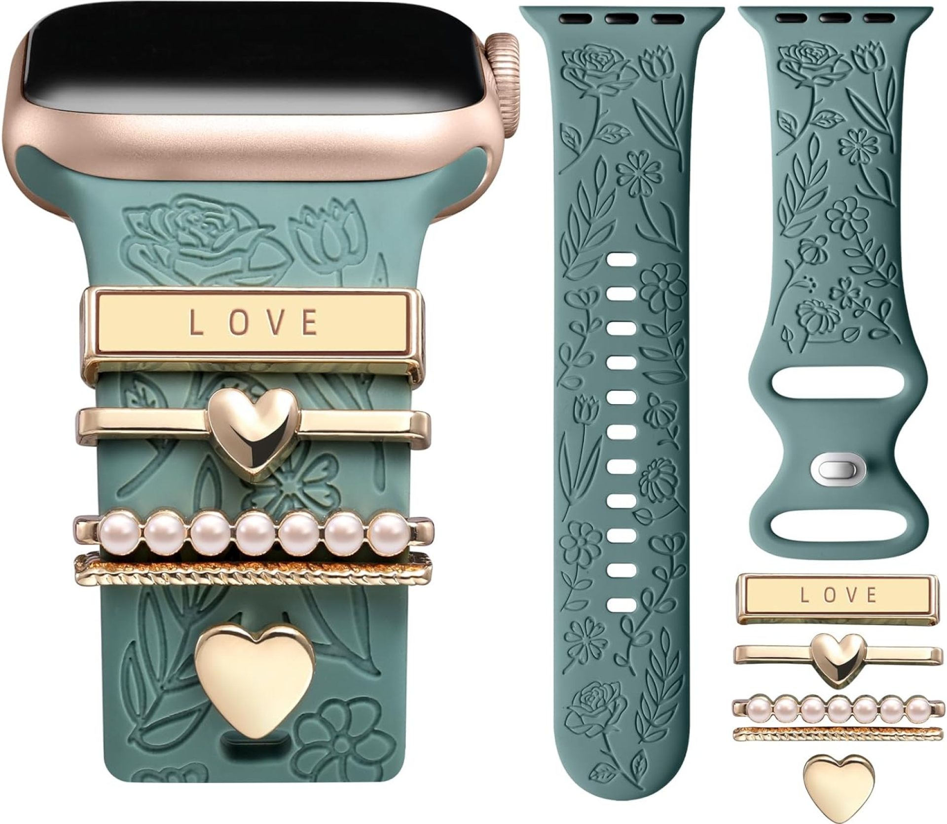 DaQin Flower Engraved Band Compatible with Apple Watch Bands for Women 40mm 38mm 41mm 42mm, Soft Silicone Band With Decorative Apple Watch Charms for iWatch Series 10 9 8 7 6 5 4 3 2 1 SE (With Band) DaQin Flower Engraved Band Compatible with Apple Watch Bands for Women 40mm 38mm 41mm 42mm, Soft Silicone Band With Decorative Apple Watch Charms for iWatch Series 10 9 8 7 6 5 4 3 2 1 SE (With Band)