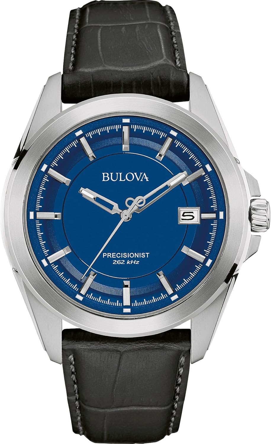 Bulova Men’s Precisionist 3-Hand Calendar Stainless Steel with Black Leather Strap and Blue Dial Style: 96B257 Bulova Men’s Precisionist 3-Hand Calendar Stainless Steel with Black Leather Strap and Blue Dial Style: 96B257