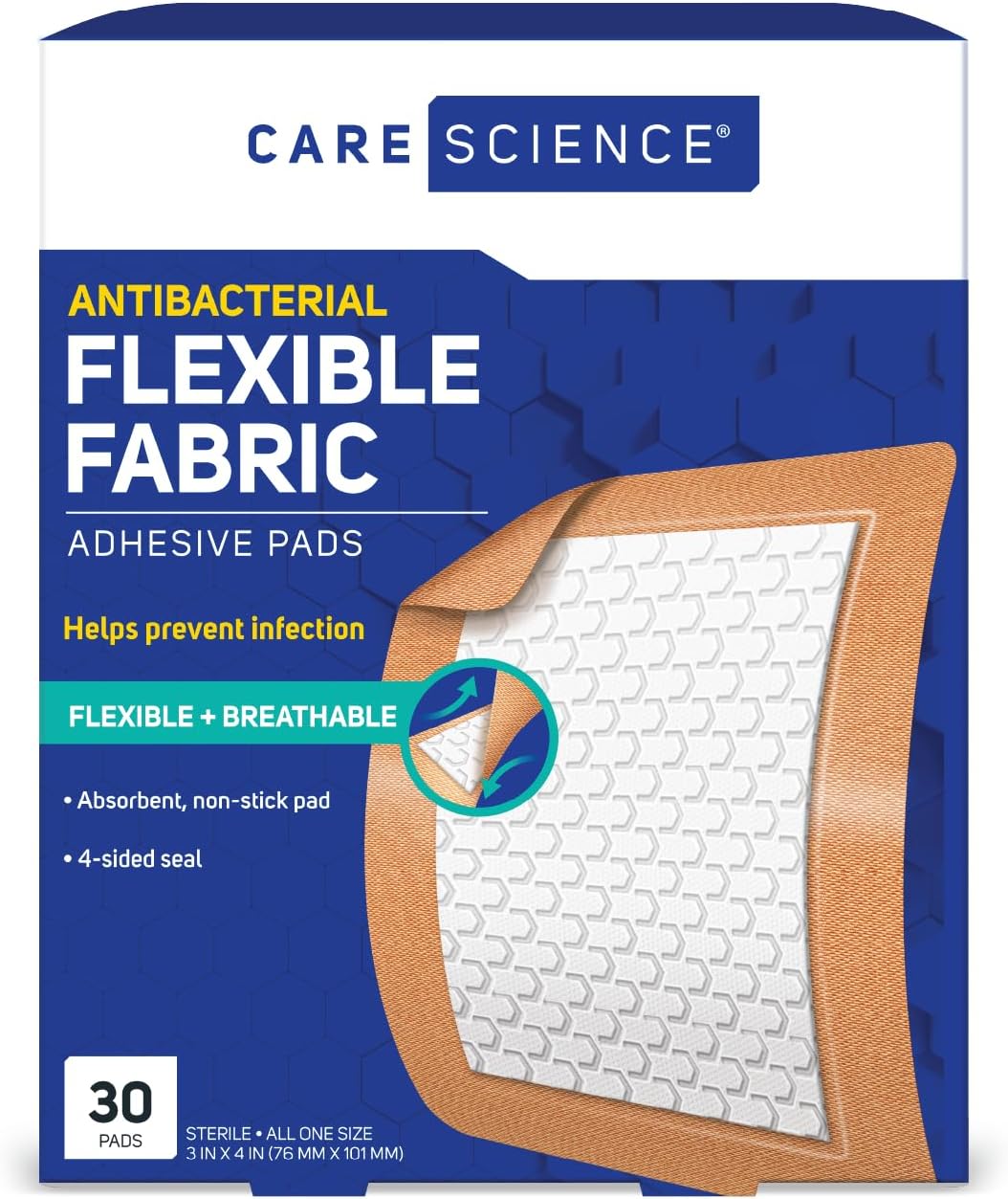 Care Science Fabric Adhesive Pad Bandages, 3×4 inches Extra Large Flexible Non-Stick Strip, Helps Prevent Infection, Breathable Protection, for First Aid & Wound Care, 30 Count Care Science Fabric Adhesive Pad Bandages, 3×4 inches Extra Large Flexible Non-Stick Strip, Helps Prevent Infection, Breathable Protection, for First Aid & Wound Care, 30 Count