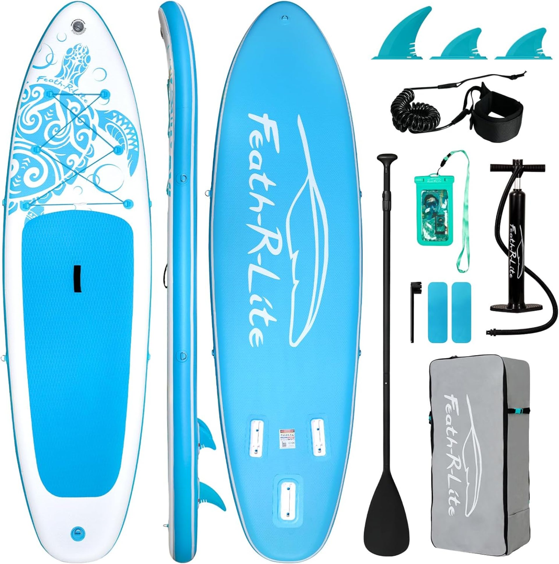 FEATH-R-LITE Inflatable Paddle Board Stand Up Paddleboards for Adults SUP with Premium Accessories Pump, Adjustable Paddle, Leash, Three Fins, Backpack FEATH-R-LITE Inflatable Paddle Board Stand Up Paddleboards for Adults SUP with Premium Accessories Pump, Adjustable Paddle, Leash, Three Fins, Backpack