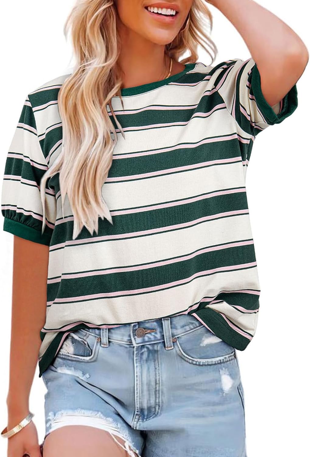 Dokotoo Womens Summer Tops 2025 Striped Color Block Short Sleeve T-Shirts Crewneck Casual Loose Basic Tee Blouses Dokotoo Womens Summer Tops 2025 Striped Color Block Short Sleeve T-Shirts Crewneck Casual Loose Basic Tee Blouses