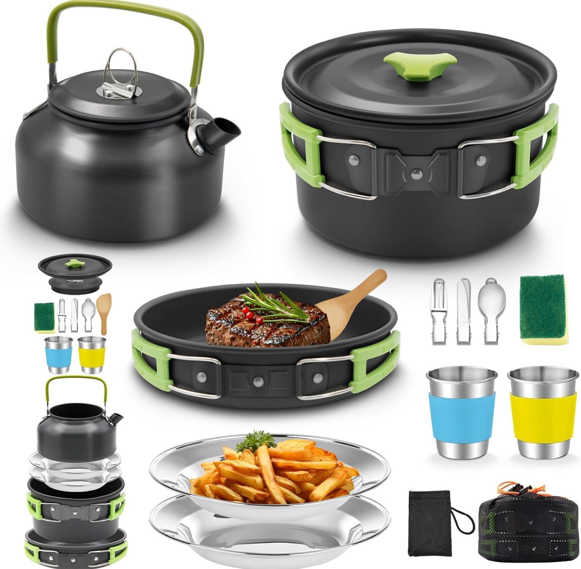 16pcs Camping Cookware, Backpacking Compact Camping Cooking Set Camping Pot with Stainless Steel Cups Plates Forks Knives Spoons, Camping Pots and Pans Set for Backpacking, Outdoor Cooking 16pcs Camping Cookware, Backpacking Compact Camping Cooking Set Camping Pot with Stainless Steel Cups Plates Forks Knives Spoons, Camping Pots and Pans Set for Backpacking, Outdoor Cooking