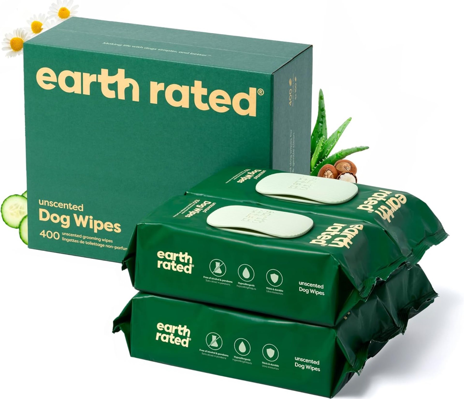 Earth Rated Pet Grooming Wipes for Dogs and Cats, Hypoallergenic, Cleaning and Hydrating, for Paws, Body and Butt, Unscented, 400 Count Earth Rated Pet Grooming Wipes for Dogs and Cats, Hypoallergenic, Cleaning and Hydrating, for Paws, Body and Butt, Unscented, 400 Count