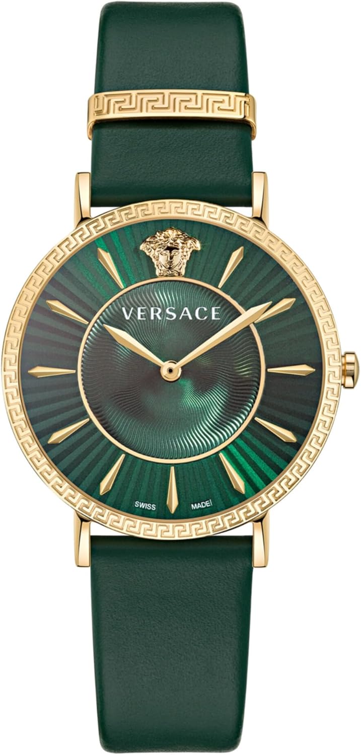 Versace V-Eternal Collection Luxury Womens Watch Timepieces with a Green Strap and Dial Featuring a Gold Case Versace V-Eternal Collection Luxury Womens Watch Timepieces with a Green Strap and Dial Featuring a Gold Case