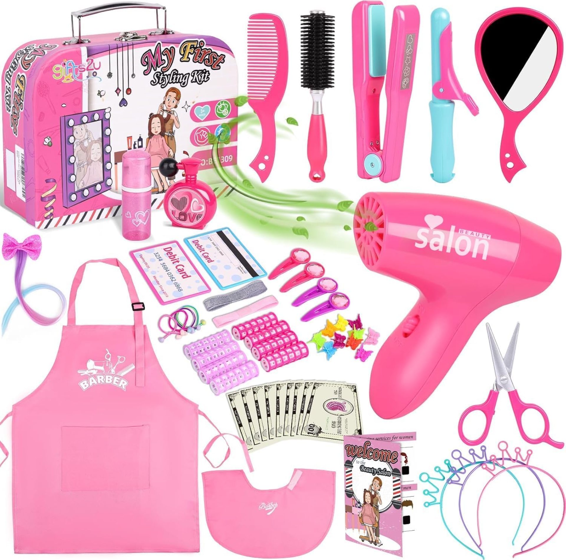 Gifts2U Hair Salon Toys for Girls, Girl Beauty Salon Playset Pretend Hair Styling Set with Blow Dryer, Barber Costume Apron, Scissors Styling Manu, Fake Money and Functional Stylist Accessories. Gifts2U Hair Salon Toys for Girls, Girl Beauty Salon Playset Pretend Hair Styling Set with Blow Dryer, Barber Costume Apron, Scissors Styling Manu, Fake Money and Functional Stylist Accessories.
