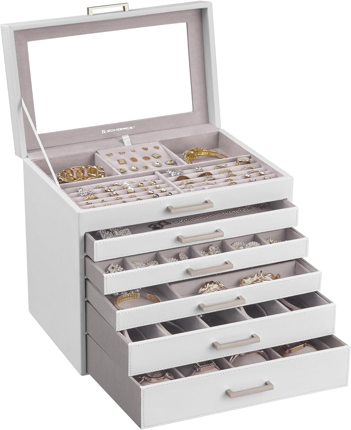 SONGMICS Jewelry Box, 6-Tier Jewelry Organizer, Large Jewelry Case with Big Mirror, 5 Drawers, Large Capacity, Jewelry Storage, Modern Style, Gift for Loved Ones, White UJBC138 SONGMICS Jewelry Box, 6-Tier Jewelry Organizer, Large Jewelry Case with Big Mirror, 5 Drawers, Large Capacity, Jewelry Storage, Modern Style, Gift for Loved Ones, White UJBC138