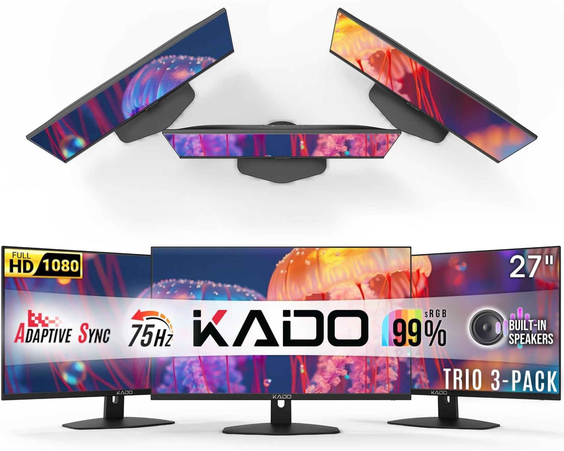 Kado Triple Monitor Setup – 3-Pack 27″ 1920×1080 Computer Monitor 75Hz VESA Mount HDMI Office Gaming Hybrid Built-in Speakers (E27 Trio Series) Kado Triple Monitor Setup – 3-Pack 27″ 1920×1080 Computer Monitor 75Hz VESA Mount HDMI Office Gaming Hybrid Built-in Speakers (E27 Trio Series)