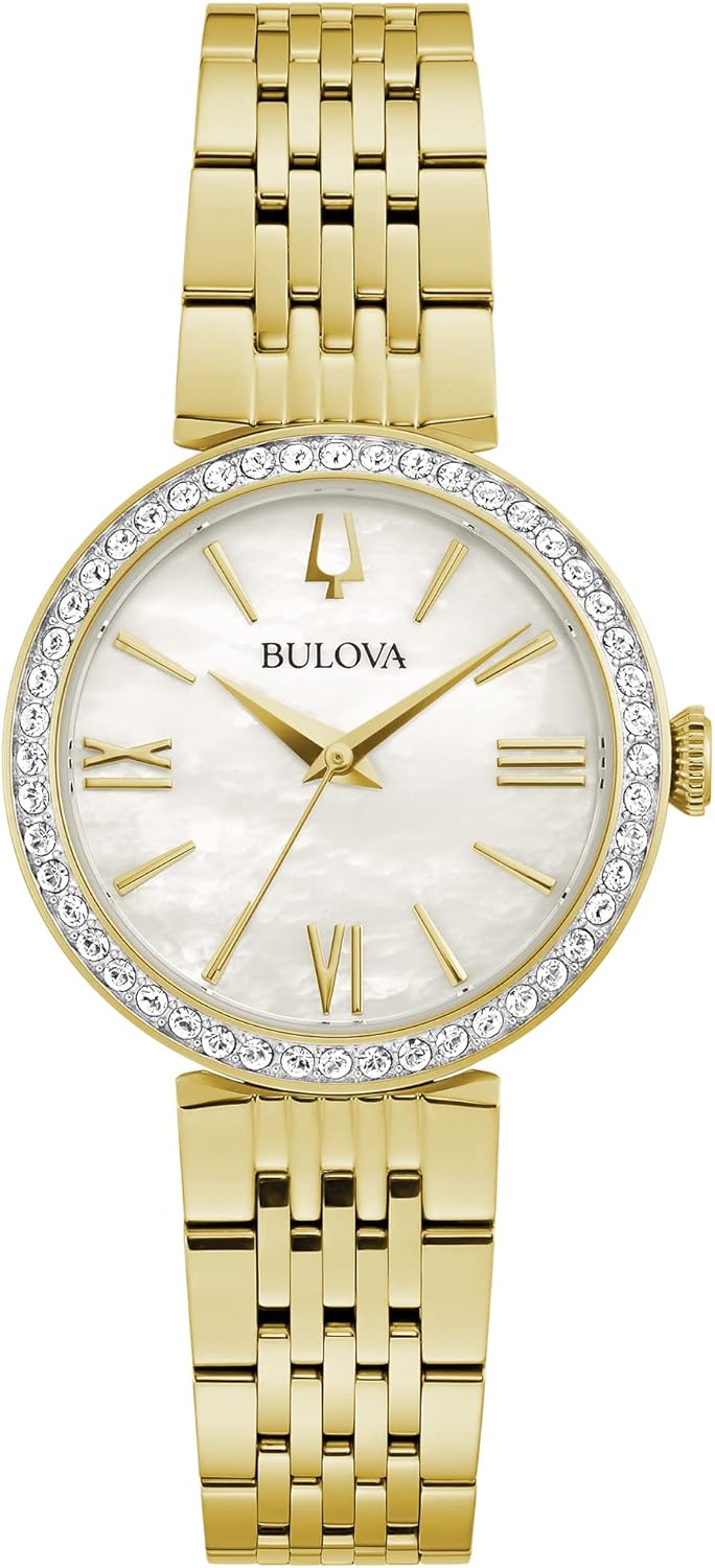 Bulova Ladies’ Classic Crystal Stainless Steel 3-Hand Quartz Watch, White Mother-of-Pearl Dial Bulova Ladies’ Classic Crystal Stainless Steel 3-Hand Quartz Watch, White Mother-of-Pearl Dial