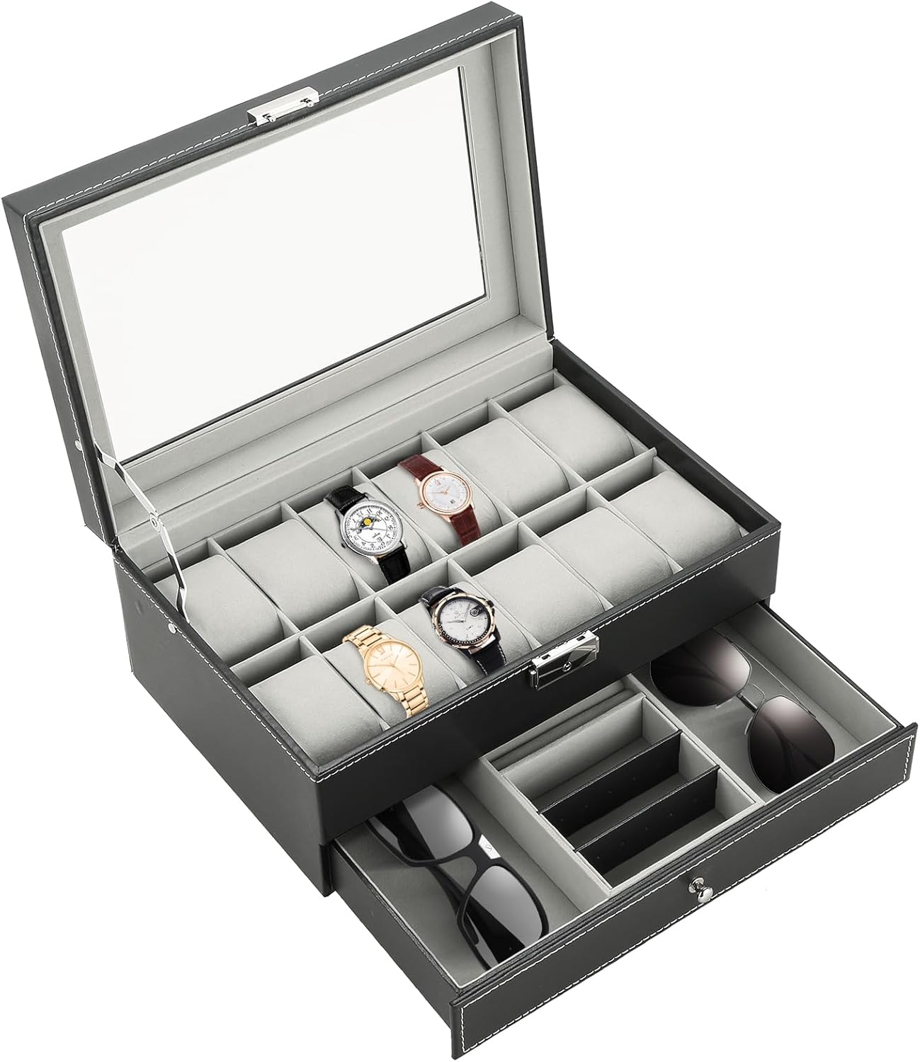 MYFULLY 12 Slots Watch Case with Jewelry Organizer Drawer for Women Men, PU Leather Watch Collection Box with Glass Lid & Removable Pillows, 2 Layers Watch Organizer Box for Storage and Display MYFULLY 12 Slots Watch Case with Jewelry Organizer Drawer for Women Men, PU Leather Watch Collection Box with Glass Lid & Removable Pillows, 2 Layers Watch Organizer Box for Storage and Display