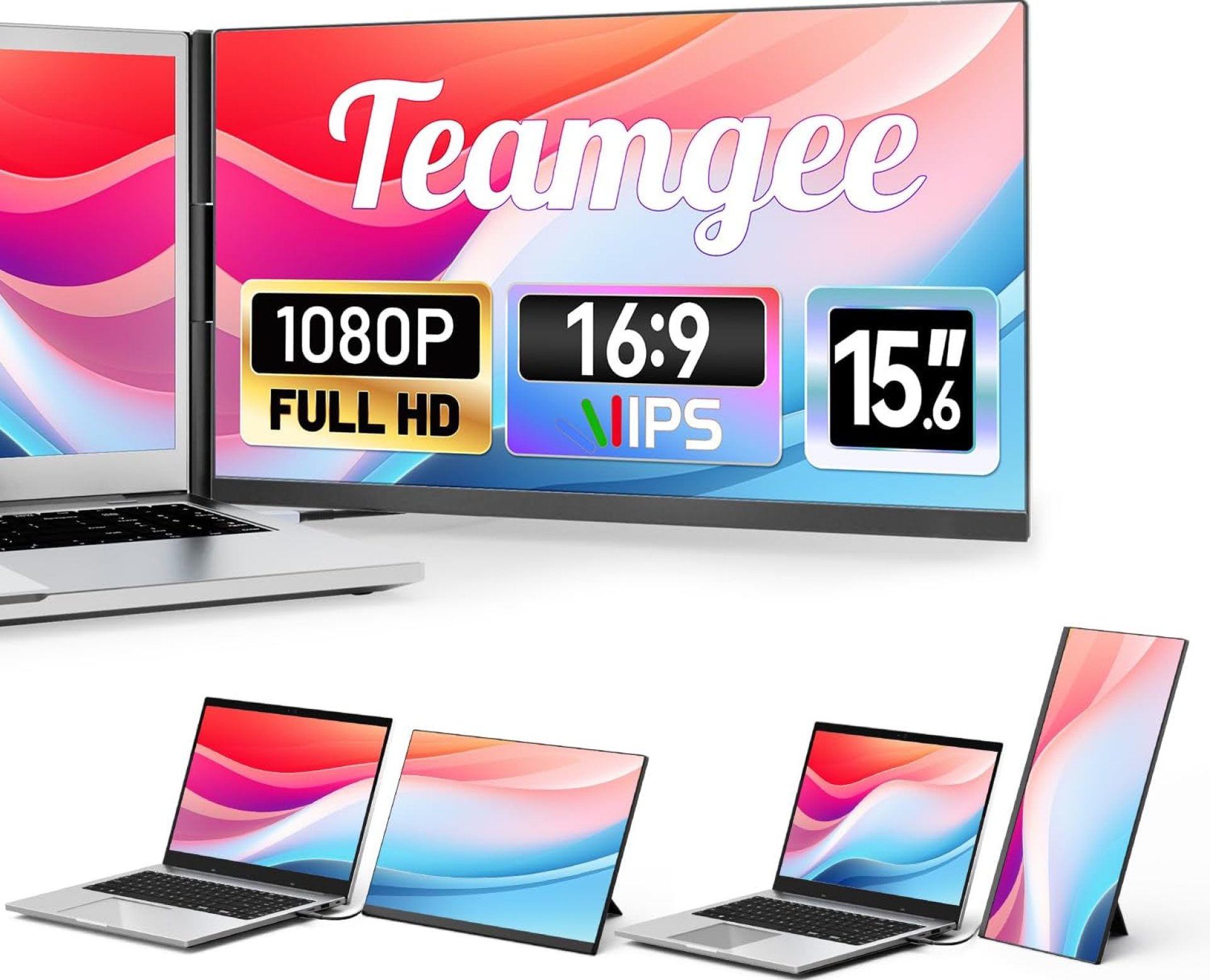 Teamgee 15.6″ Laptop Screen Extender, Slim & Lightweight Portable Monitor for Laptop, Full HD IPS, 360° Rotating Stand, Detachable, USB-C Plug & Play, RGB Lighting, Thin Bezels Teamgee 15.6″ Laptop Screen Extender, Slim & Lightweight Portable Monitor for Laptop, Full HD IPS, 360° Rotating Stand, Detachable, USB-C Plug & Play, RGB Lighting, Thin Bezels