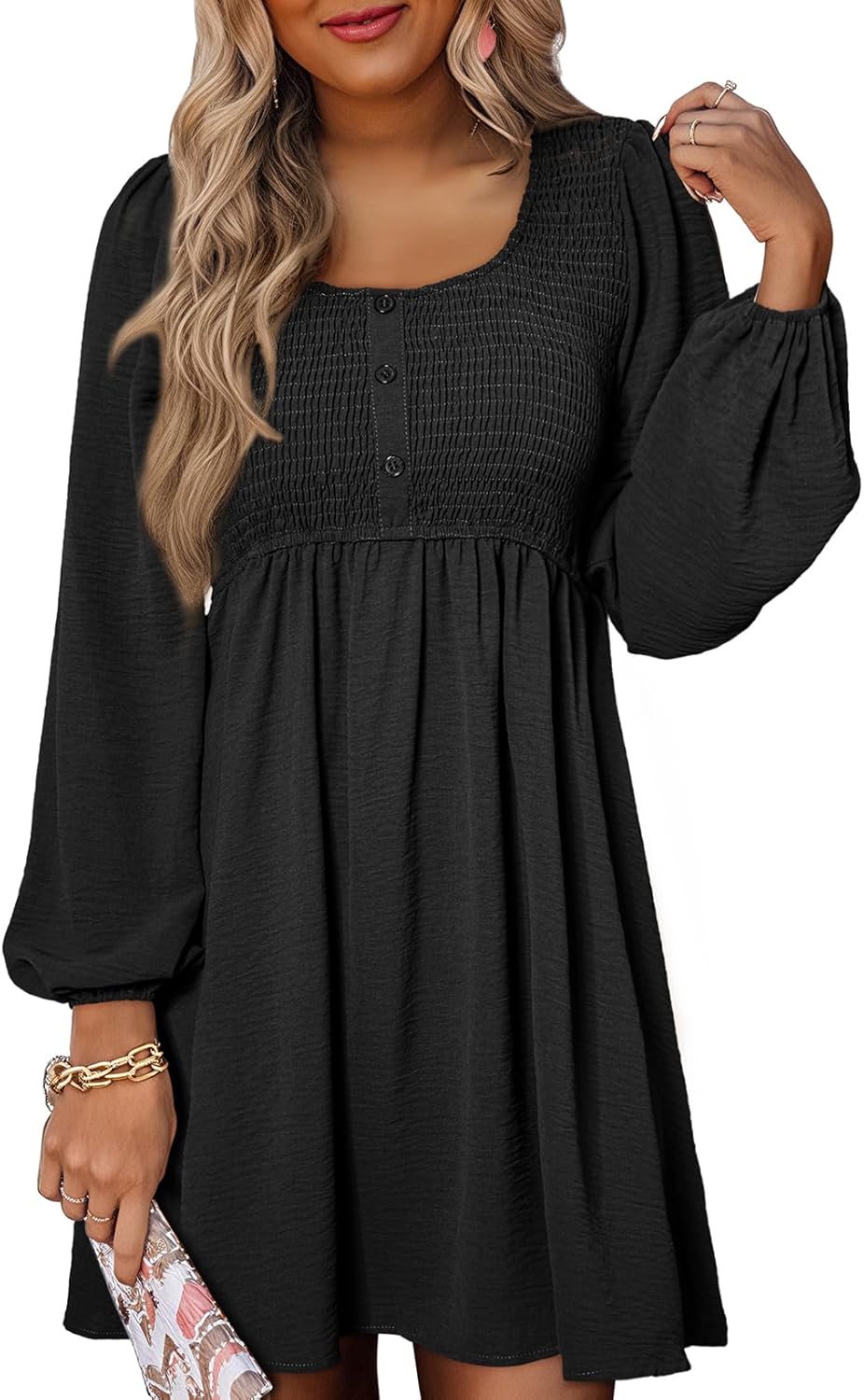 Dokotoo Womens 2025 Casual Dress Smocked Crewneck Button Up Long Sleeve Empire Waist A-Line Mini Dress Dokotoo Womens 2025 Casual Dress Smocked Crewneck Button Up Long Sleeve Empire Waist A-Line Mini Dress