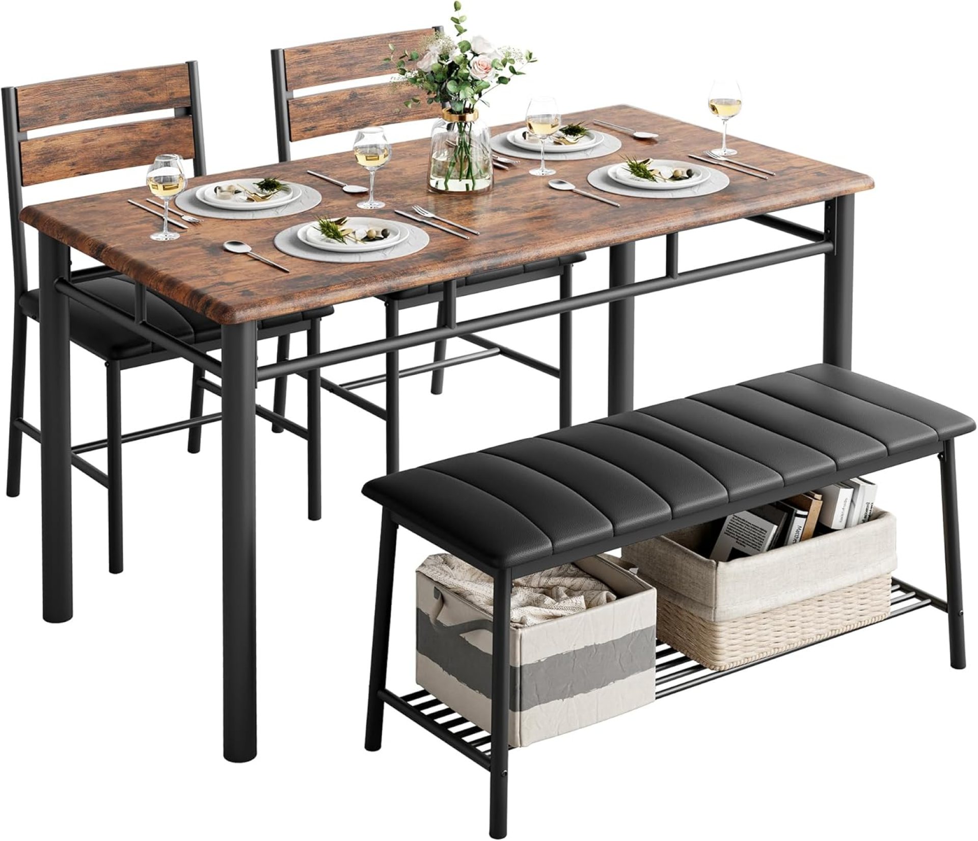 IRONCK Dining Table Set for 4, Kitchen Table with Upholstered Bench and 2 Chairs, Kitchen Table and Chairs Set for Small Space, Apartment, Rustic Brown IRONCK Dining Table Set for 4, Kitchen Table with Upholstered Bench and 2 Chairs, Kitchen Table and Chairs Set for Small Space, Apartment, Rustic Brown