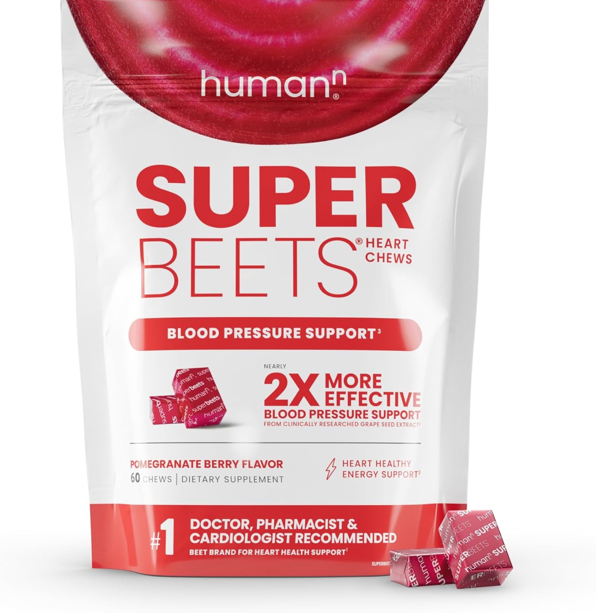 humanN SuperBeets Heart Chews, Nitric Oxide and Blood Pressure Support, Grape Seed Extract & Non-GMO Beet Root Powder Energy Supplement, Pomegranate Berry Flavor, 60 Count humanN SuperBeets Heart Chews, Nitric Oxide and Blood Pressure Support, Grape Seed Extract & Non-GMO Beet Root Powder Energy Supplement, Pomegranate Berry Flavor, 60 Count