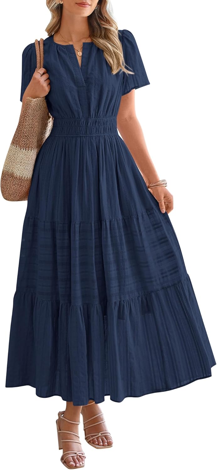 BTFBM Womens Summer 2025 Casual Midi Maxi Dresses Lightweight Short Sleeve V Neck Elastic Waist Boho Beach Dress Pockets BTFBM Womens Summer 2025 Casual Midi Maxi Dresses Lightweight Short Sleeve V Neck Elastic Waist Boho Beach Dress Pockets