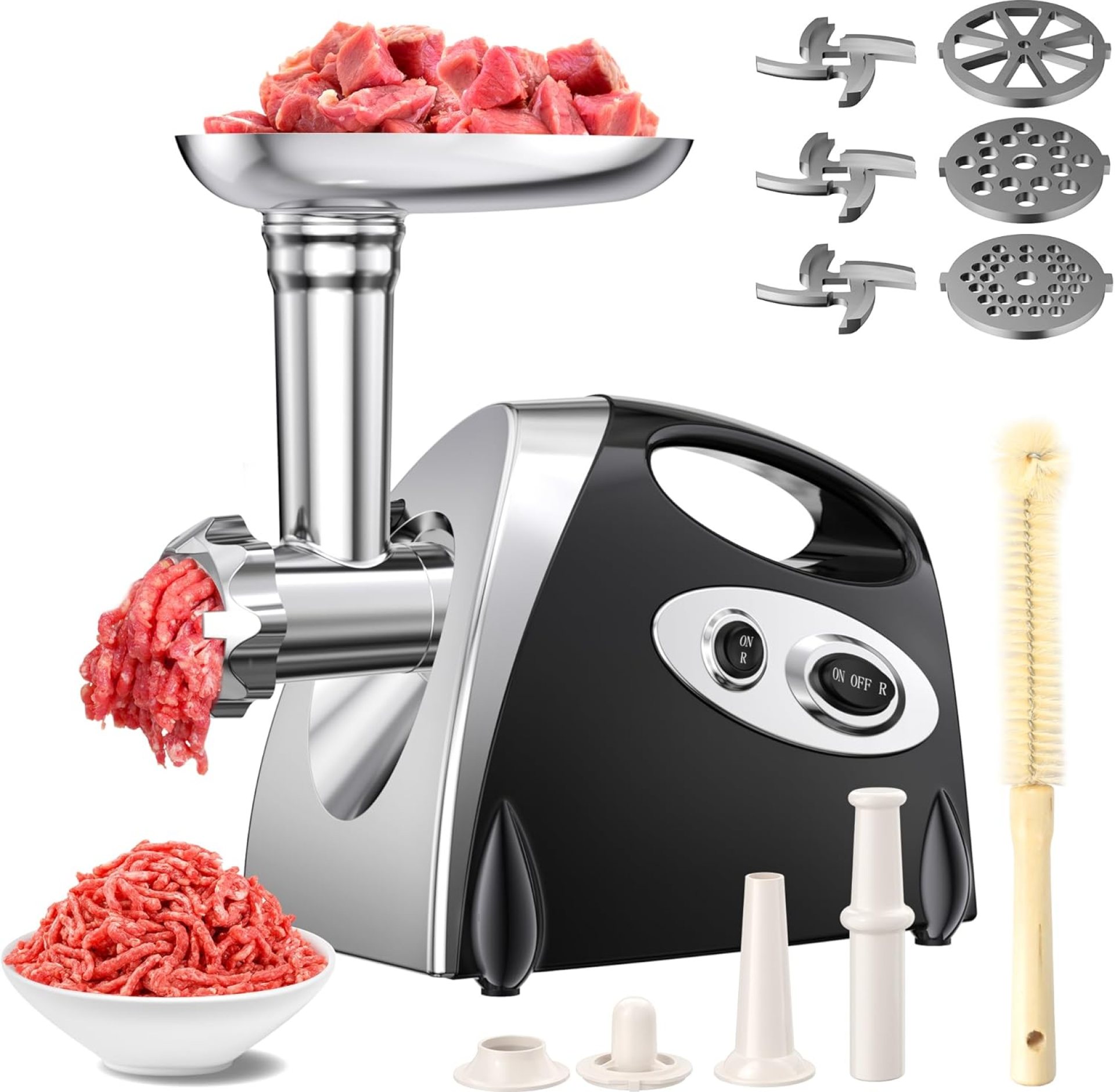 Electric Meat Grinder, 2500W Max Meat Grinder with Stainless Steel 3 Blades and 3 Grinder Plates, Sausage Stuffer Tube & Kubbe Kit, Heavy Duty Meat Grinder for Home Kitchen & Commercial Using Electric Meat Grinder, 2500W Max Meat Grinder with Stainless Steel 3 Blades and 3 Grinder Plates, Sausage Stuffer Tube & Kubbe Kit, Heavy Duty Meat Grinder for Home Kitchen & Commercial Using