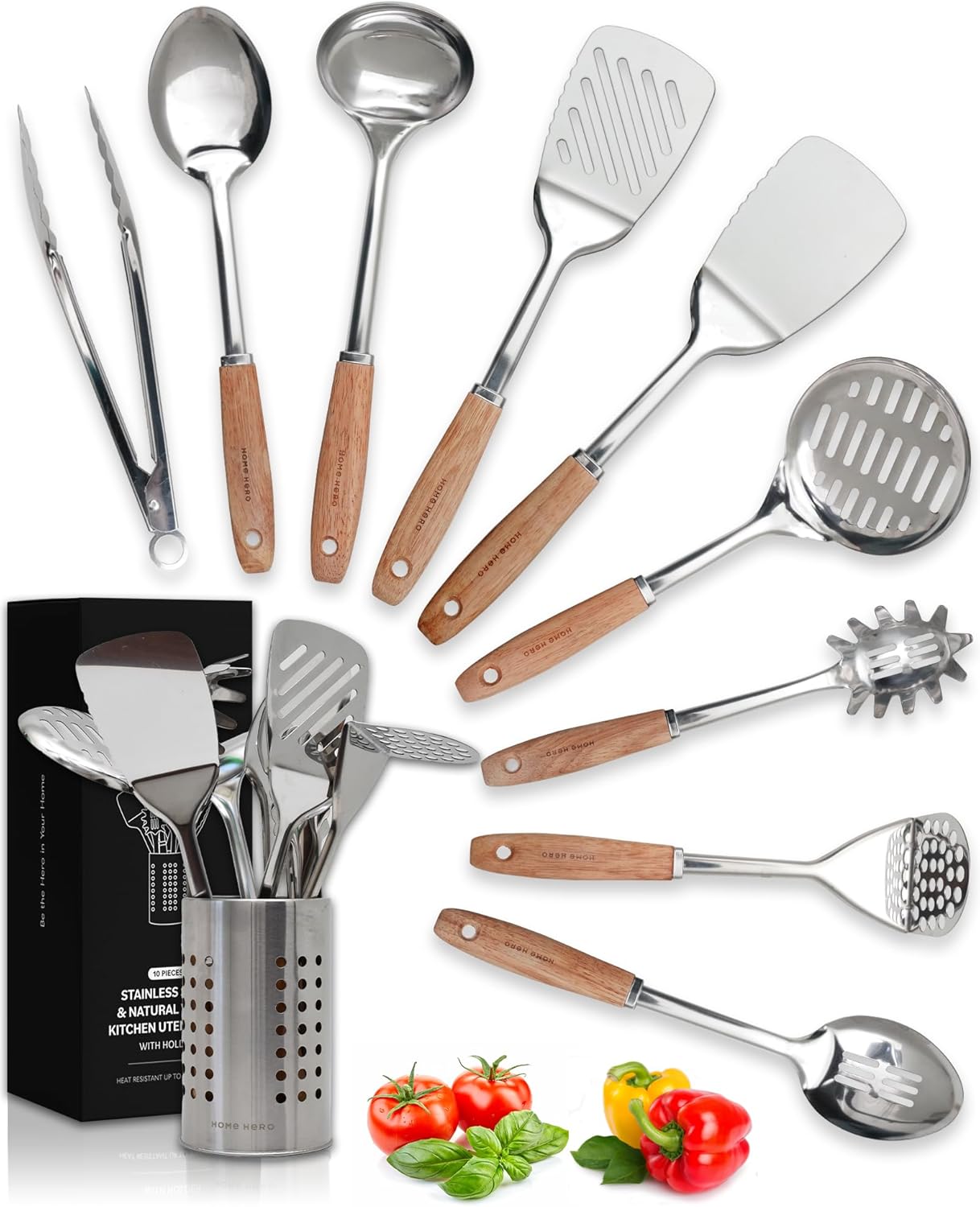 Home Hero 10 Pcs Stainless Steel Kitchen Utensils Set – Wood Handle Nonstick Stainless Steel Cooking Utensils Set – Heat Resistant Kitchen Essentials & Metal Kitchen Gadgets (Silver) Home Hero 10 Pcs Stainless Steel Kitchen Utensils Set – Wood Handle Nonstick Stainless Steel Cooking Utensils Set – Heat Resistant Kitchen Essentials & Metal Kitchen Gadgets (Silver)