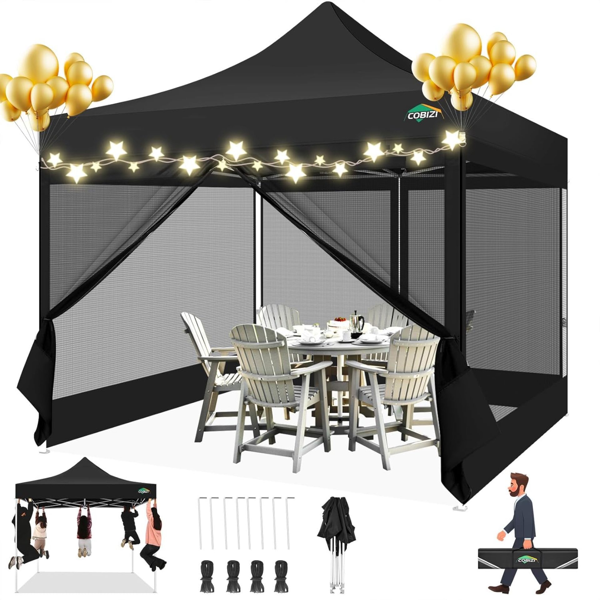 COBIZI 10×10 Pop up Gazebos with 4 Mosquito Netting Sidewalls,Heavy Duty Pop up Canopy Tent for Party,Outdoor Camping,Lawn and Backyard,Easy Set up Screen Tents with Handbag,Black COBIZI 10×10 Pop up Gazebos with 4 Mosquito Netting Sidewalls,Heavy Duty Pop up Canopy Tent for Party,Outdoor Camping,Lawn and Backyard,Easy Set up Screen Tents with Handbag,Black