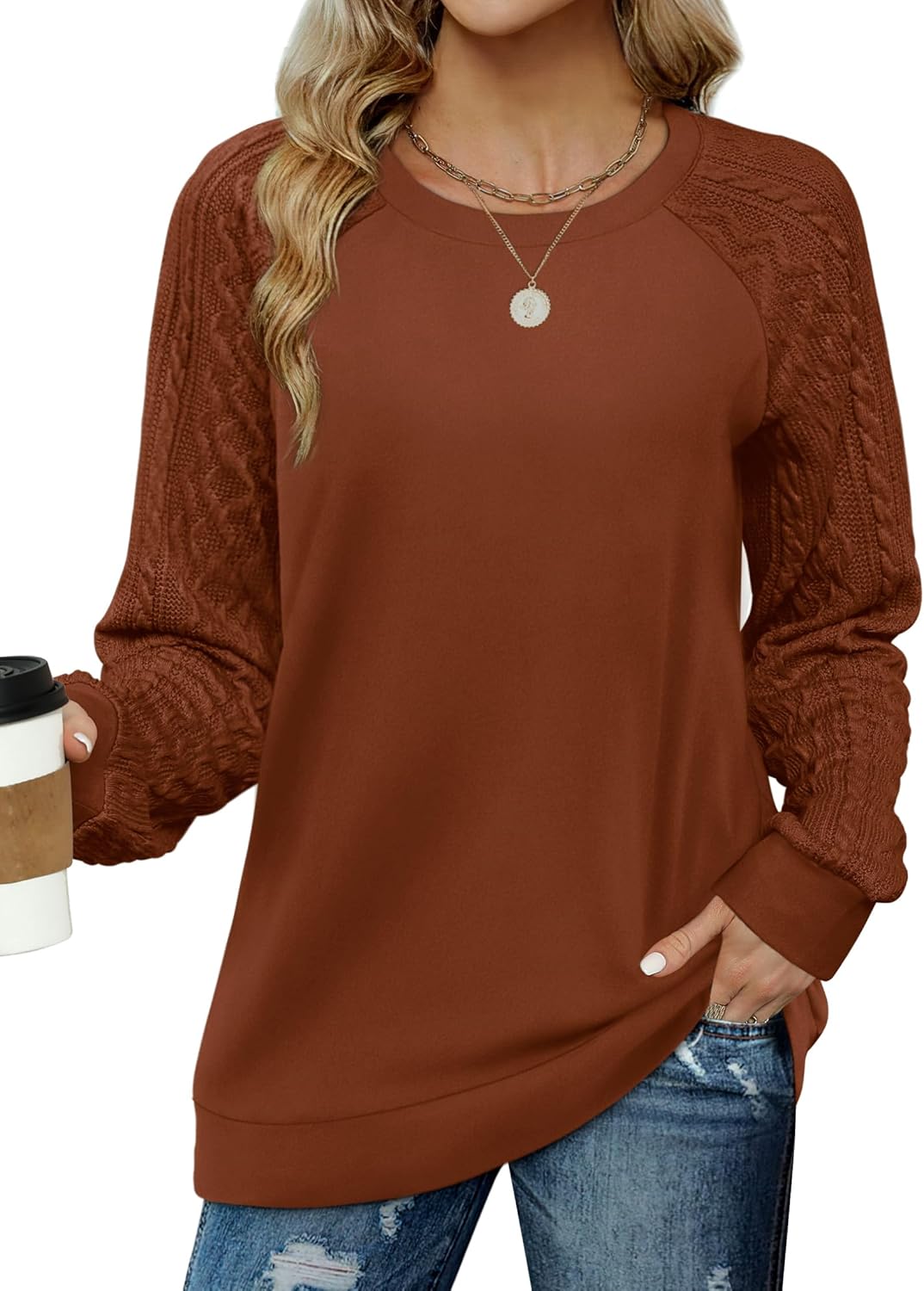 Saloogoe Sweatshirts for Women Crewneck Cable Knit Sleeve Sweaters Lightweight Fashion 2024 Saloogoe Sweatshirts for Women Crewneck Cable Knit Sleeve Sweaters Lightweight Fashion 2024