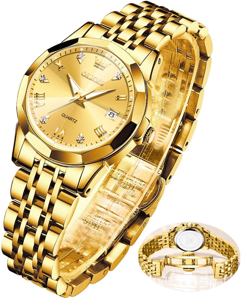OLEVS Gold Watch for Women with Date Day Stainless Steel Waterproof Small Face Quartz Analog Ladies Watches Fashion Gold Black White Dial Female Wristwatch OLEVS Gold Watch for Women with Date Day Stainless Steel Waterproof Small Face Quartz Analog Ladies Watches Fashion Gold Black White Dial Female Wristwatch