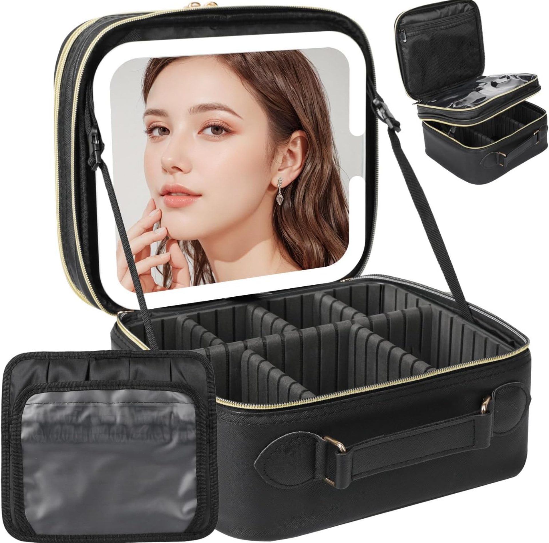 Travel Makeup Bag with LED Mirror Double Layer, Detachable Vanity Mirror with Lights, Tri-light Dimmable, Makeup Case with Adjustable Dividers and Brush Holder Cosmetic Organizer Storage Box Travel Makeup Bag with LED Mirror Double Layer, Detachable Vanity Mirror with Lights, Tri-light Dimmable, Makeup Case with Adjustable Dividers and Brush Holder Cosmetic Organizer Storage Box