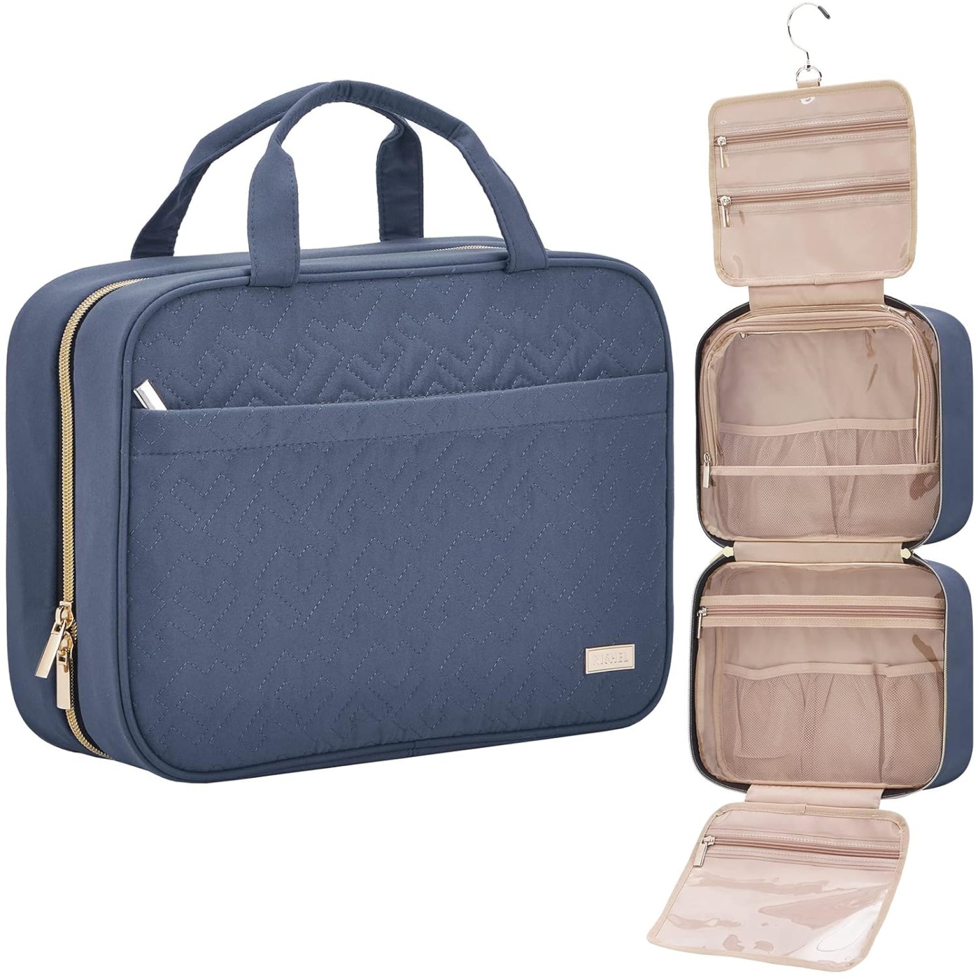 NISHEL Travel Toiletry Bag for women, Portable Hanging Organizer for Full-Sized Shampoo, Conditioner, Brushes Set, Makeup Accessories, Large Size, Aegean-Blue NISHEL Travel Toiletry Bag for women, Portable Hanging Organizer for Full-Sized Shampoo, Conditioner, Brushes Set, Makeup Accessories, Large Size, Aegean-Blue